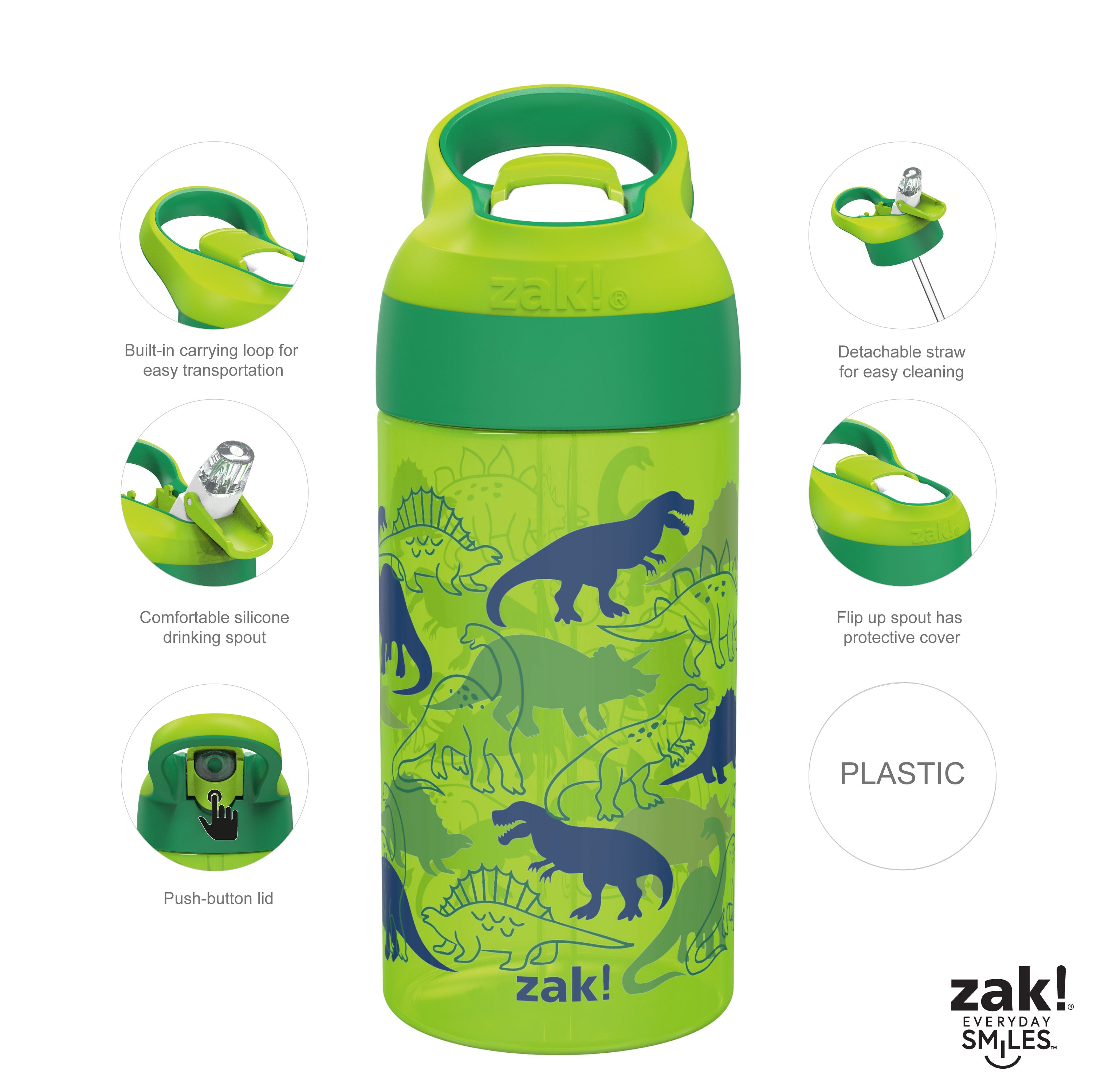 Zak Designs 16oz Riverside Kids Water Bottle with Spout Cover and Built-in Carrying Loop, Made of Durable Plastic, Leak-Proof Water Bottle Design