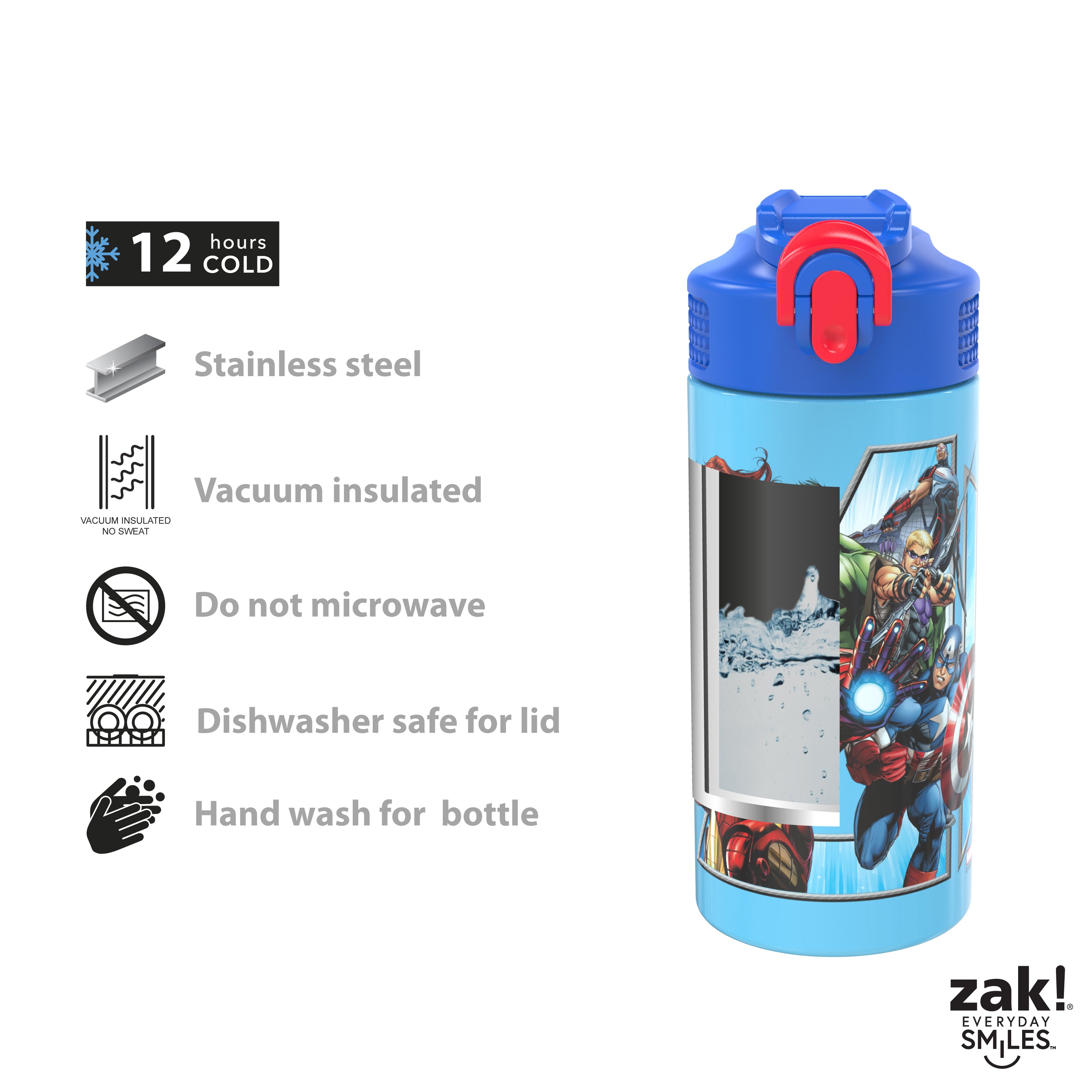 Marvel Avengers Kids Stainless Steel Leak Proof Water Bottle with Push Button Lid and Spout