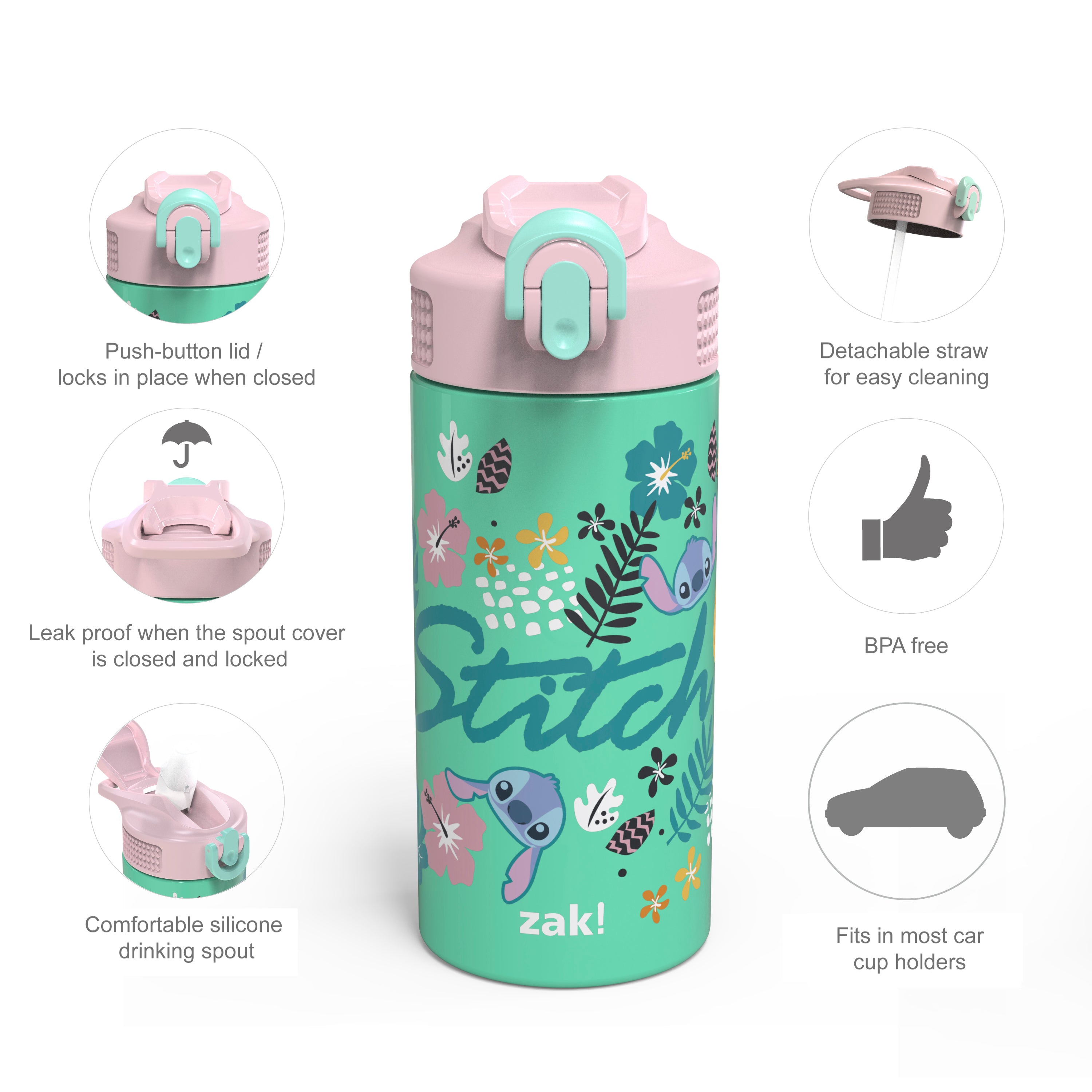 Disney Lilo & Stitch Kids Stainless Steel Leak Proof Water Bottle with Push Button Lid and Spout