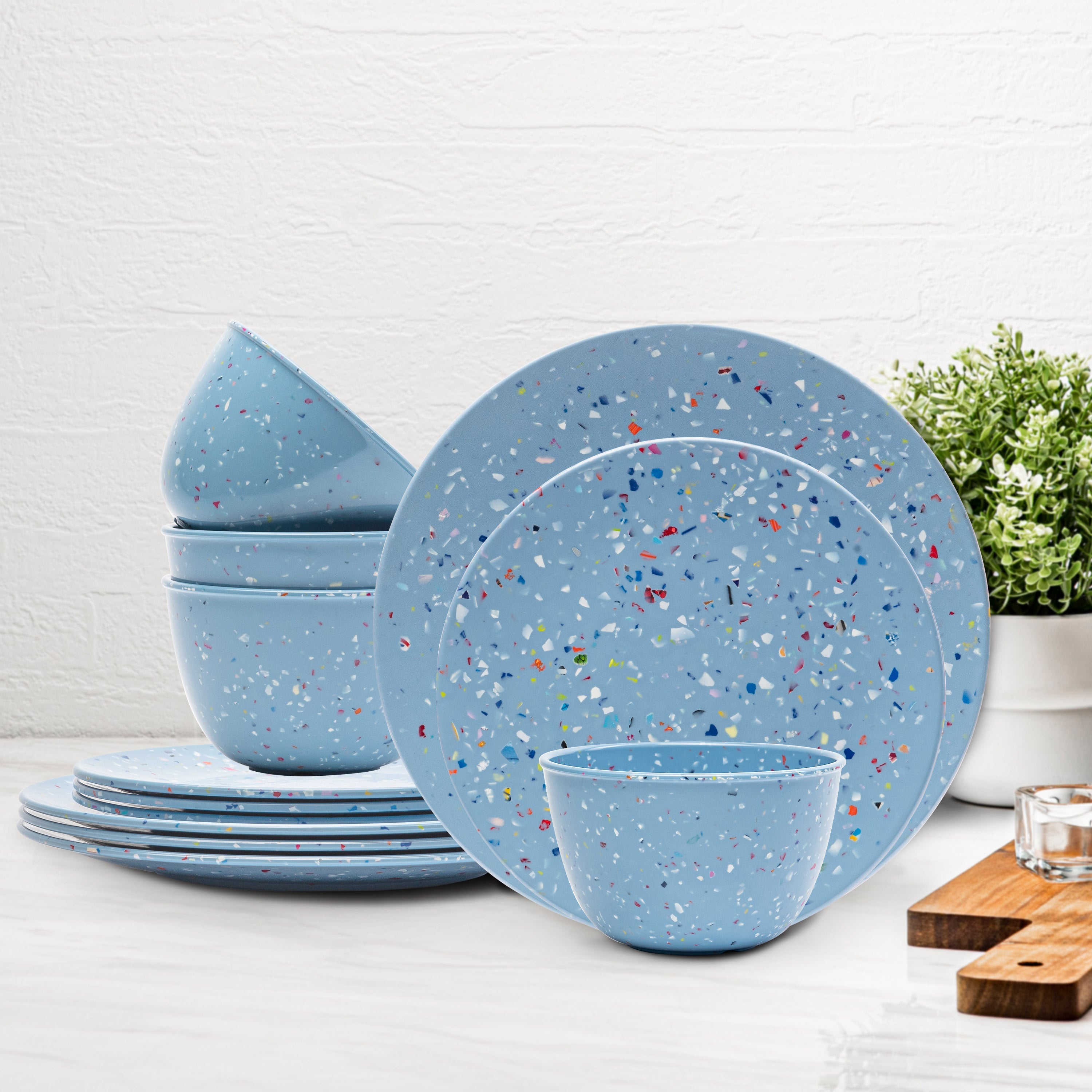 Confetti Melamine Dinnerware Set - Durable, Recycled Plates and Bowls, Blue