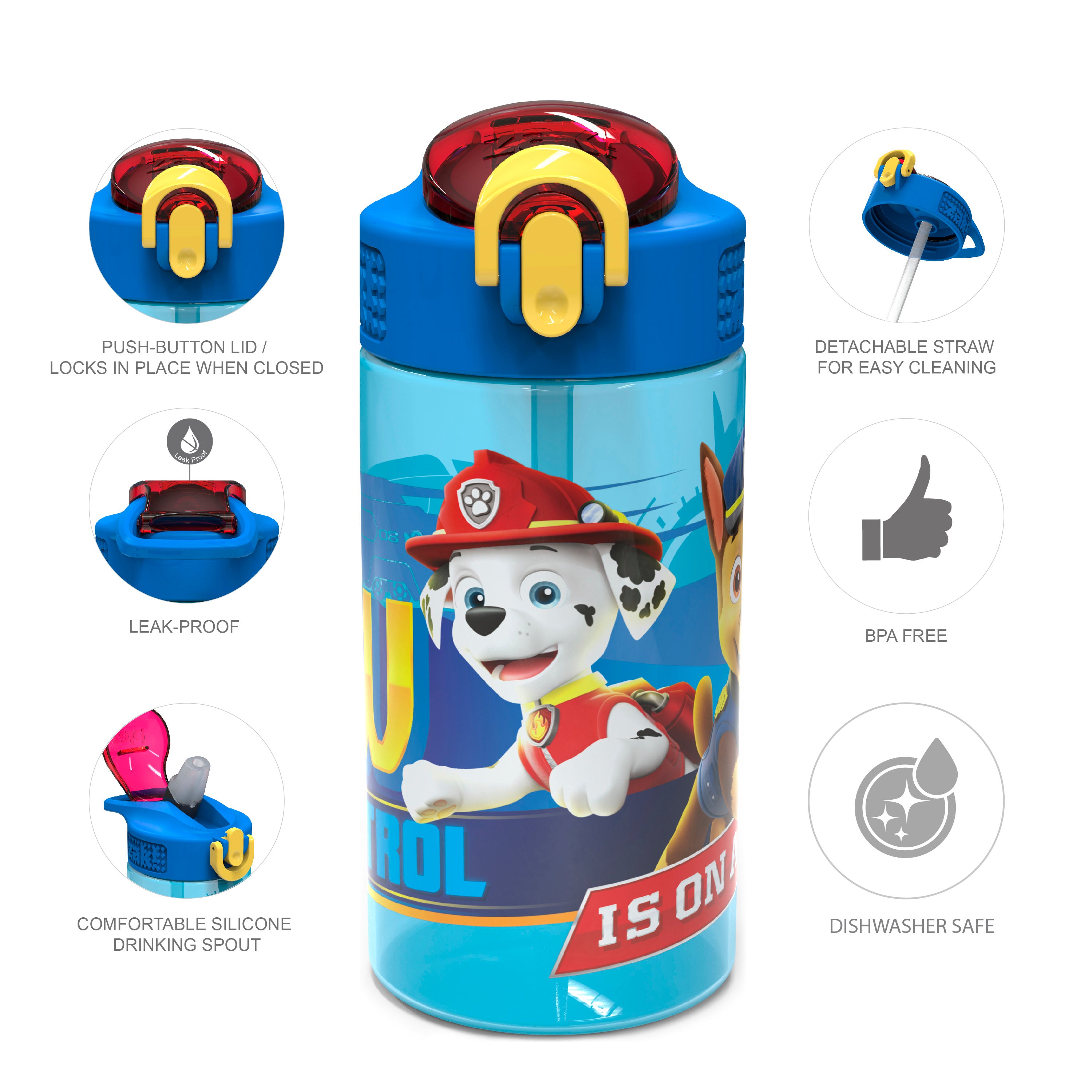 Paw Patrol Chase Kids Plastic Water Bottle with Leak Proof Lid and Spout - 2 Pack, 16 ounce