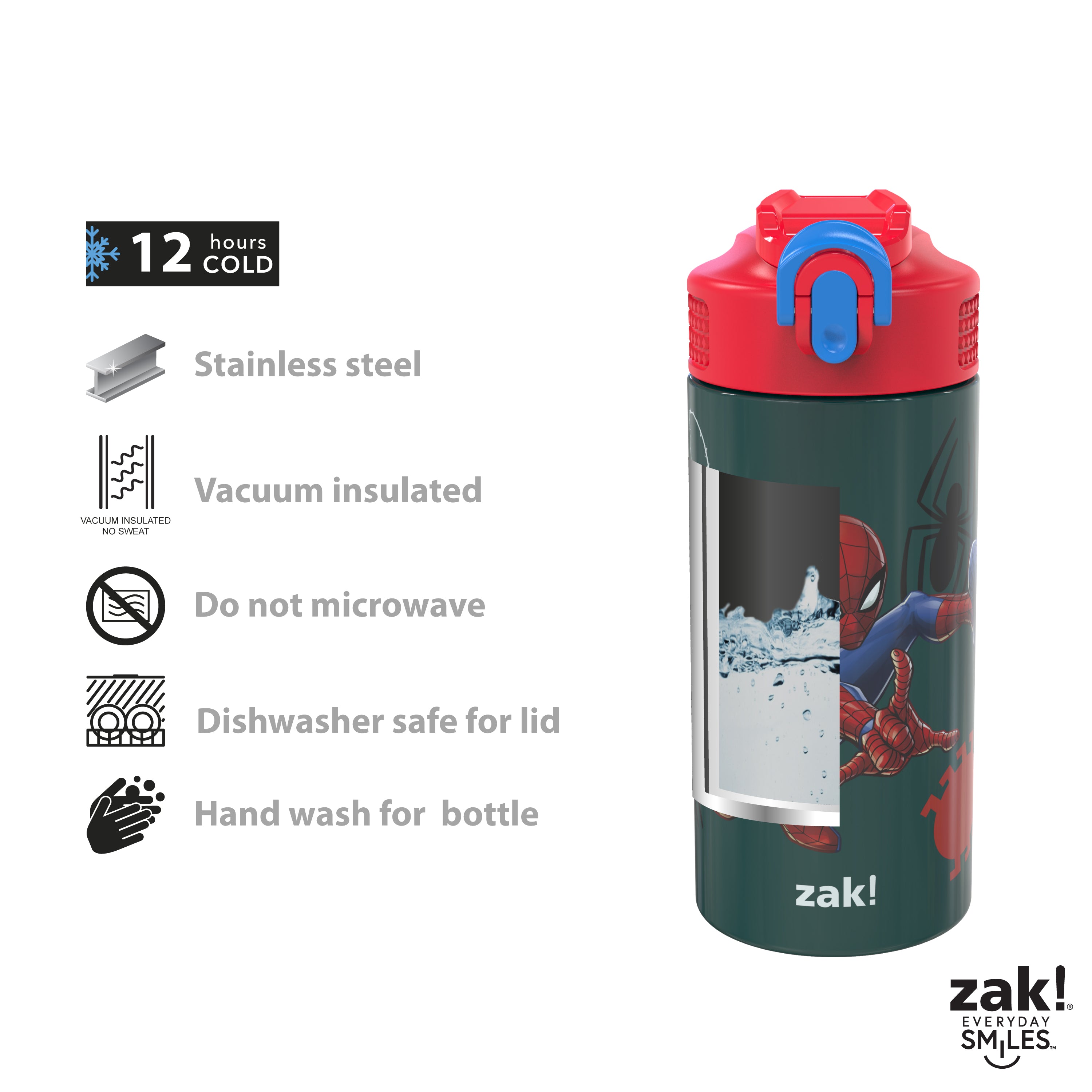 Marvel Spider-Man Kids Stainless Steel Leak Proof Water Bottle with Push Button Lid and Spout
