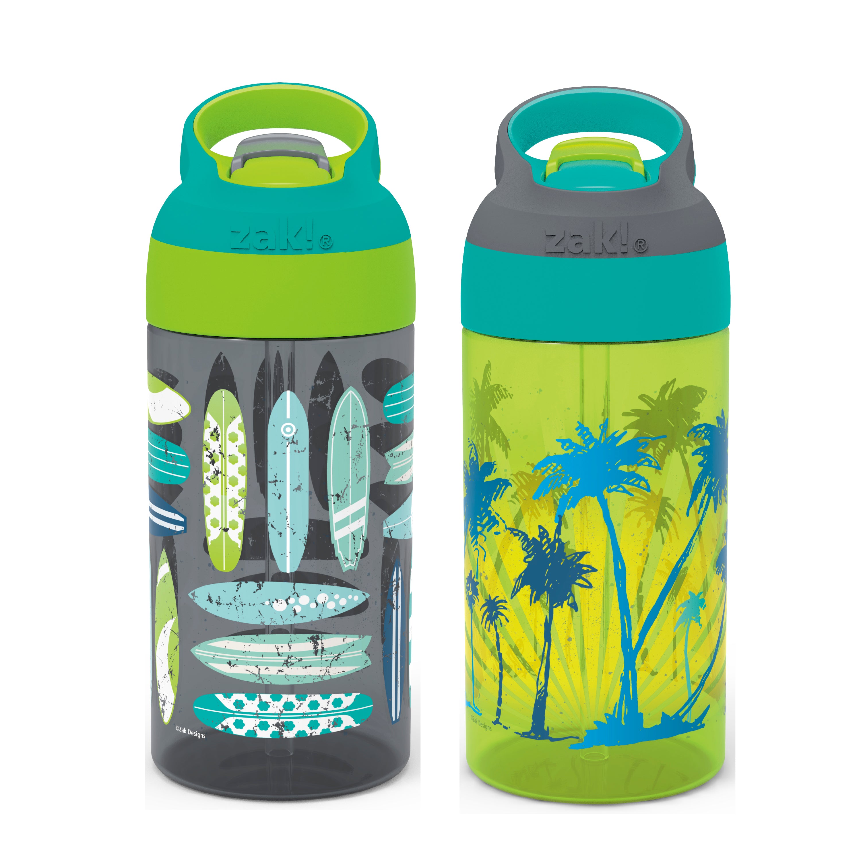 Surfboards and Palm Trees Kids Leak Proof Water Bottles with Push Button Lid and Spout - 16 ounce