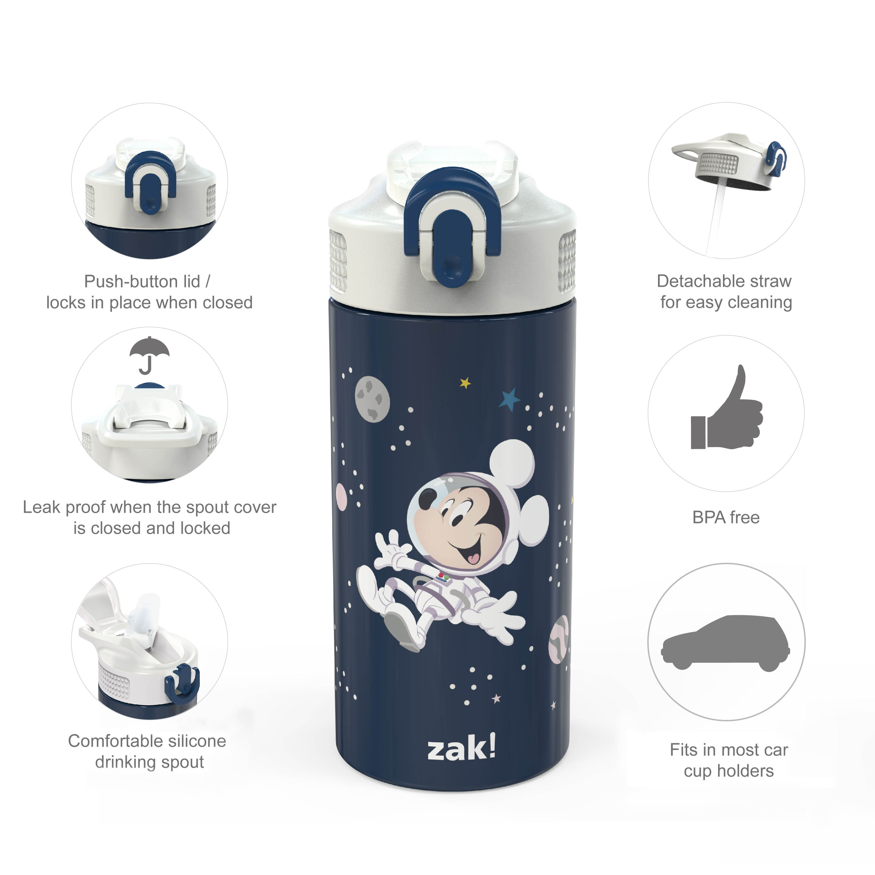 Disney Mickey Mouse Kids Stainless Steel Leak Proof Water Bottle with Push Button Lid and Spout