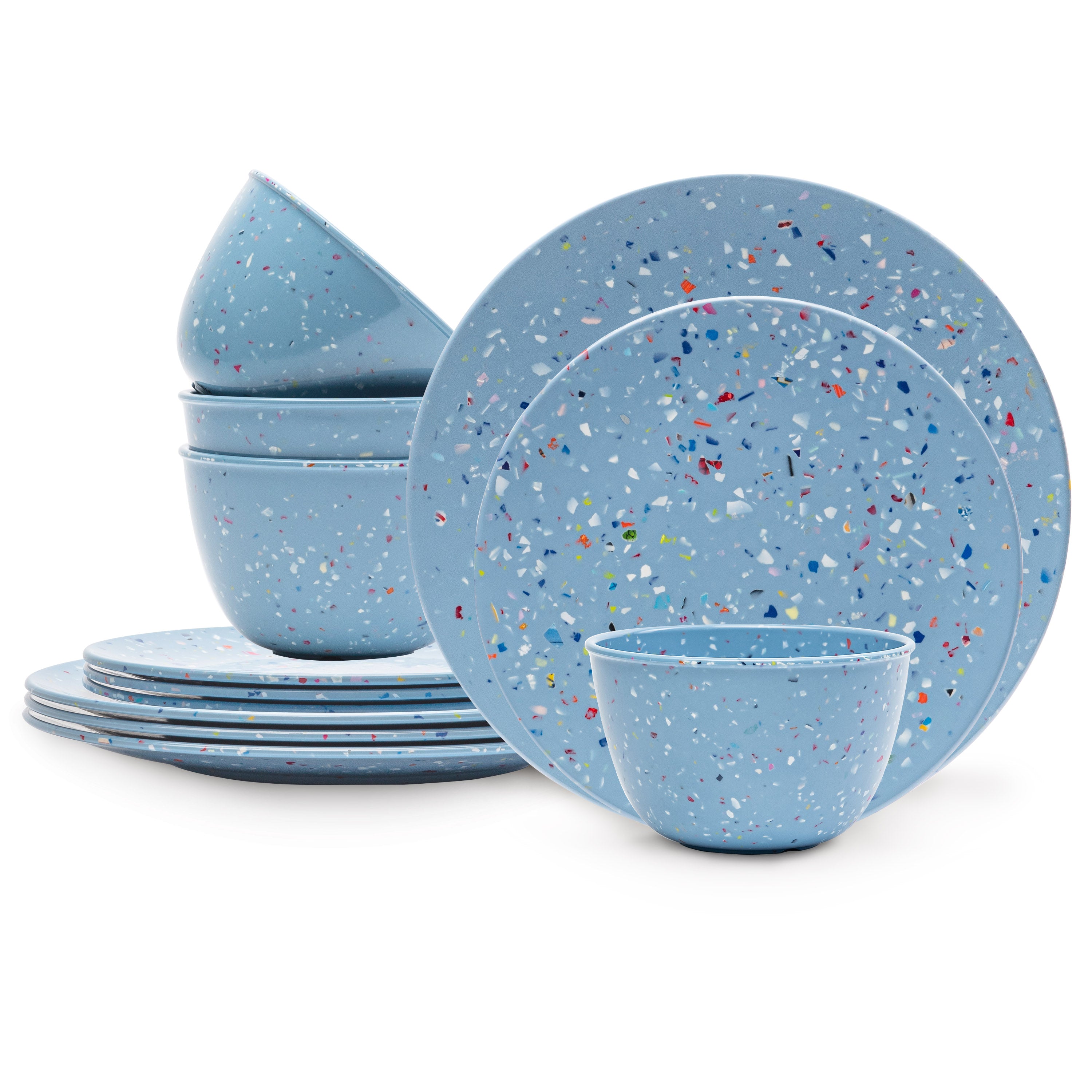 Confetti Melamine Dinnerware Set - Durable, Recycled Plates and Bowls, Blue