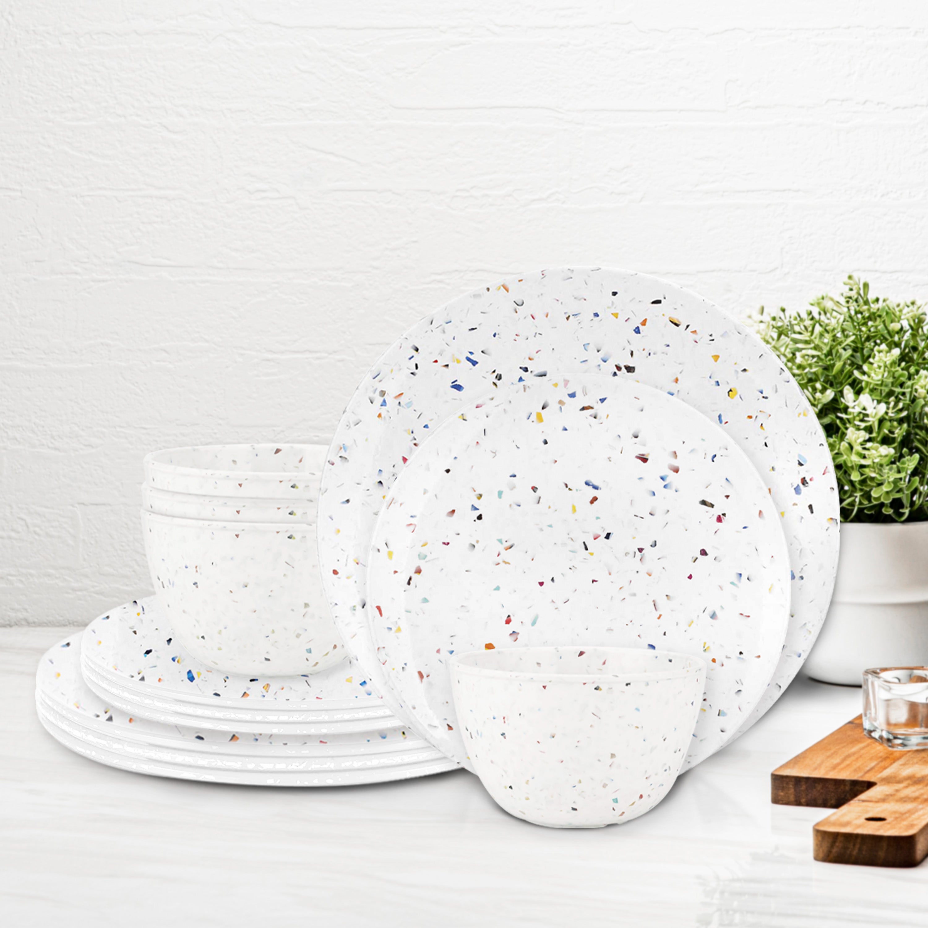 Confetti Melamine Dinnerware Set - Durable, Recycled Plates and Bowls, White