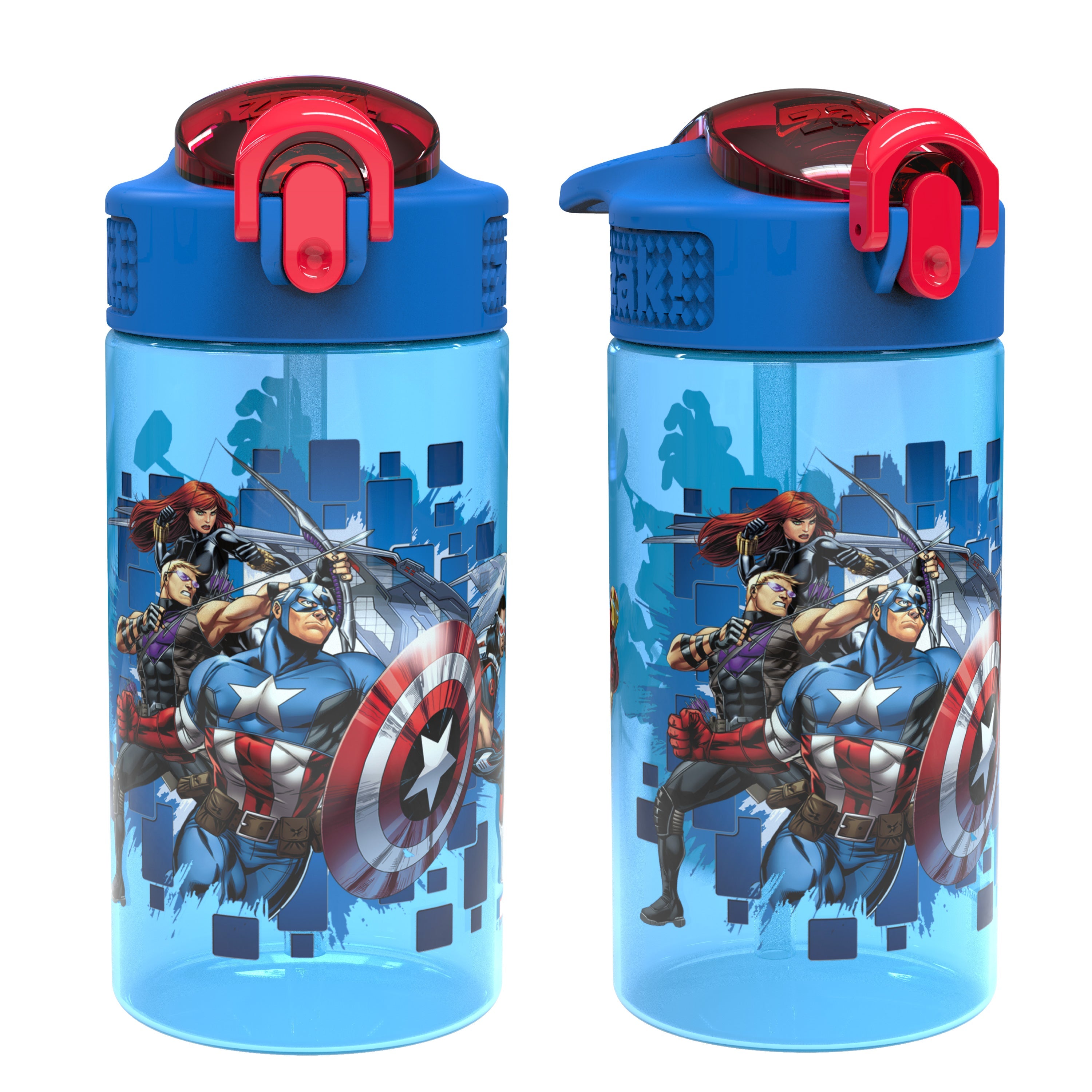 Zak Designs Kids Durable Plastic Spout Cover and Built-in Carrying Loop, Leak-Proof Water Design for Travel, (16oz, 2pc Set), Marvel Avengers