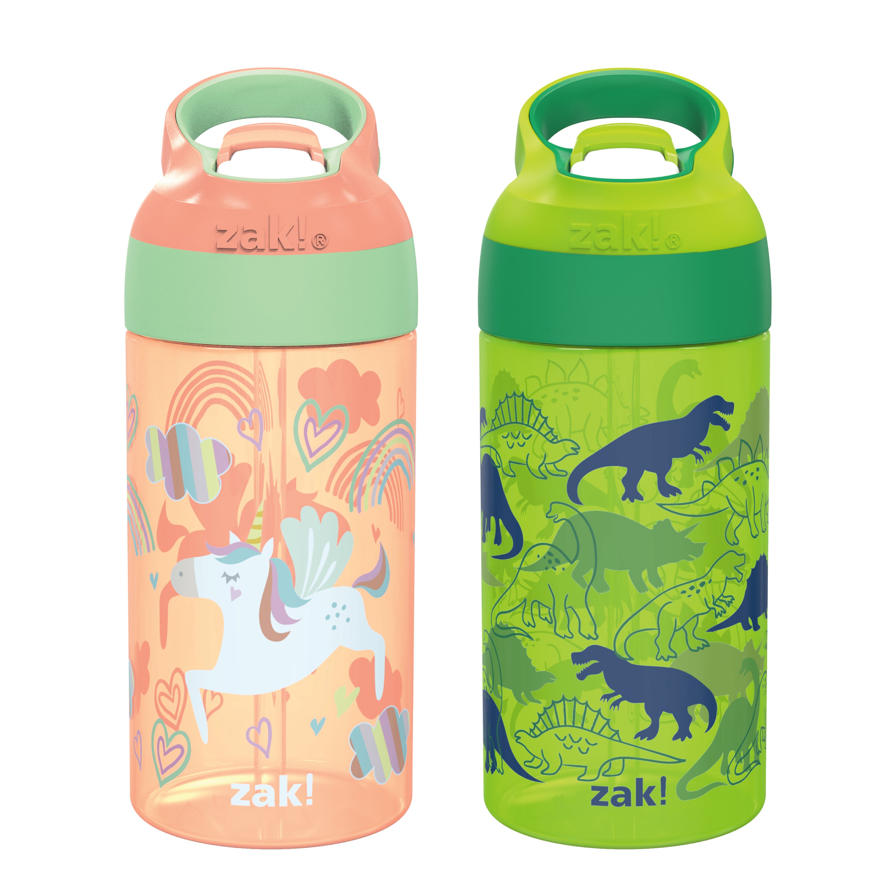 Unicorn and Dinosaurs Kids Leak Proof Water Bottles with Push Button Lid and Spout - 16 ounce