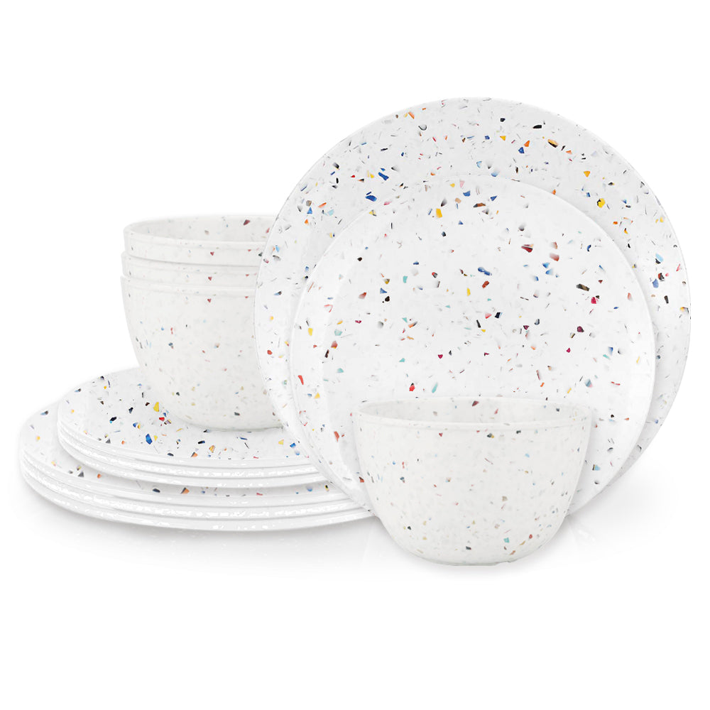 Confetti Melamine Dinnerware Set - Durable, Recycled Plates and Bowls, White