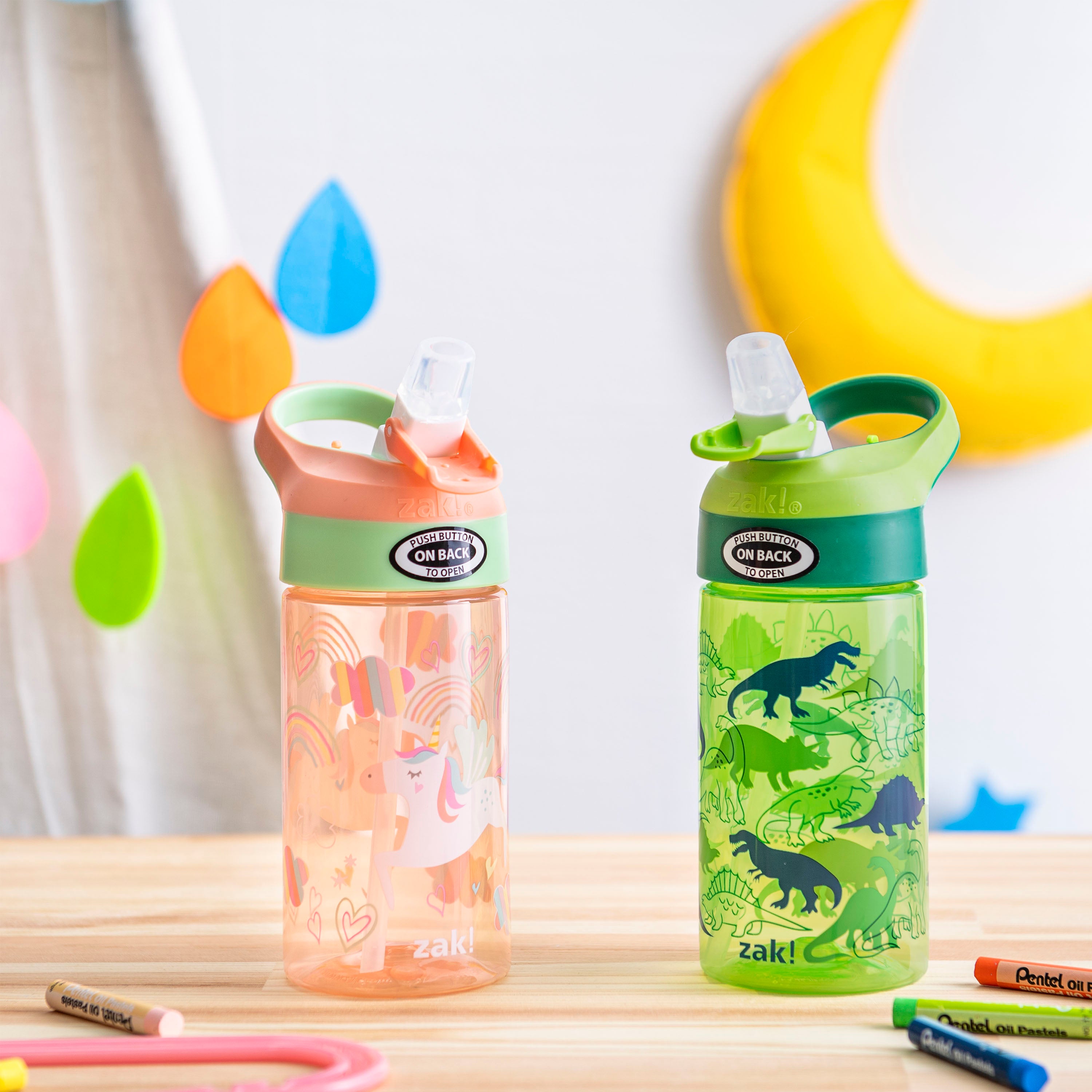 Unicorn and Dinosaurs Kids Leak Proof Water Bottles with Push Button Lid and Spout - 16 ounce