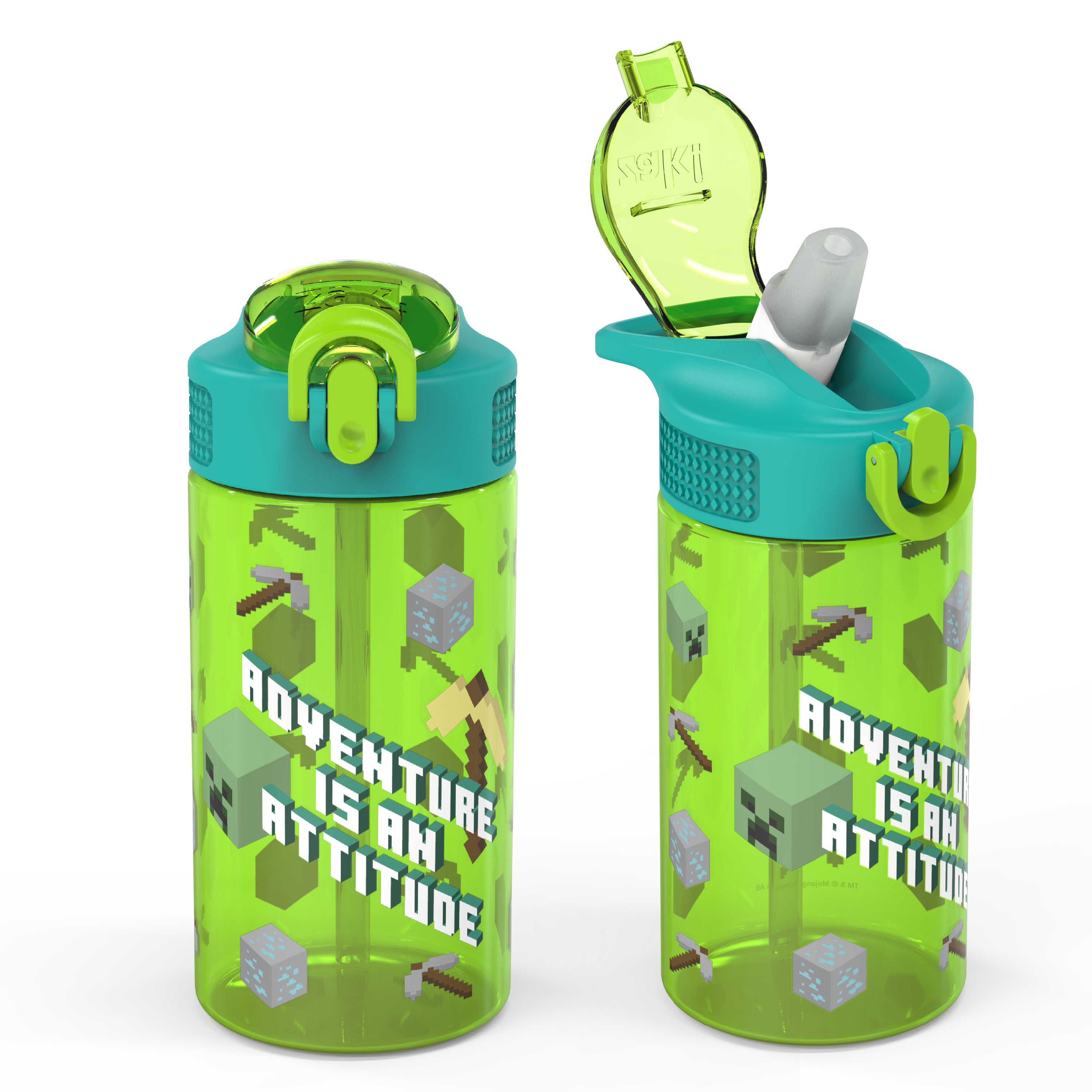 Minecraft Kids Plastic Water Bottle with Leak Proof Lid and Spout - 2 Pack, 16 ounce