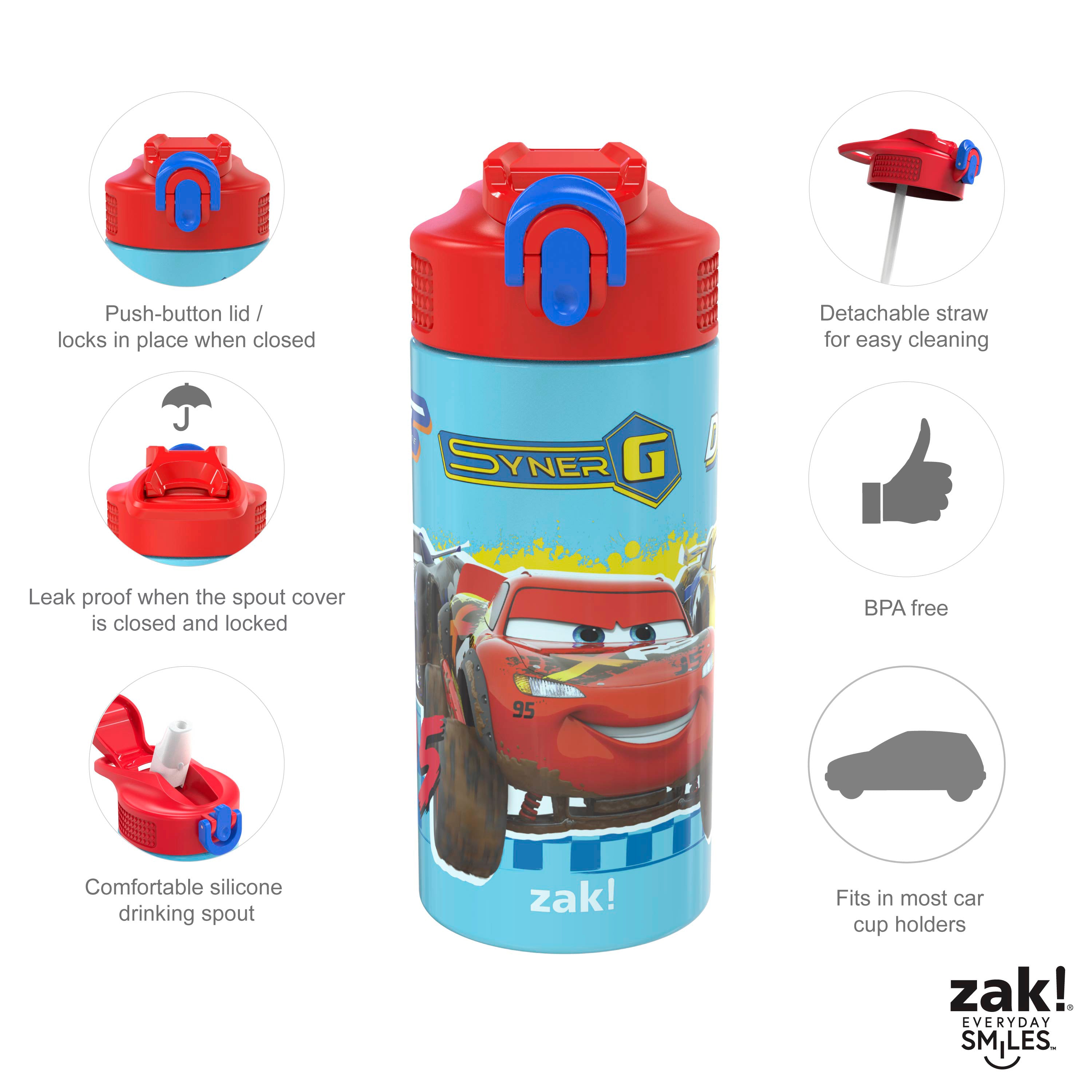 Disney Cars Kids Stainless Steel Leak Proof Water Bottle with Push Button Lid and Spout