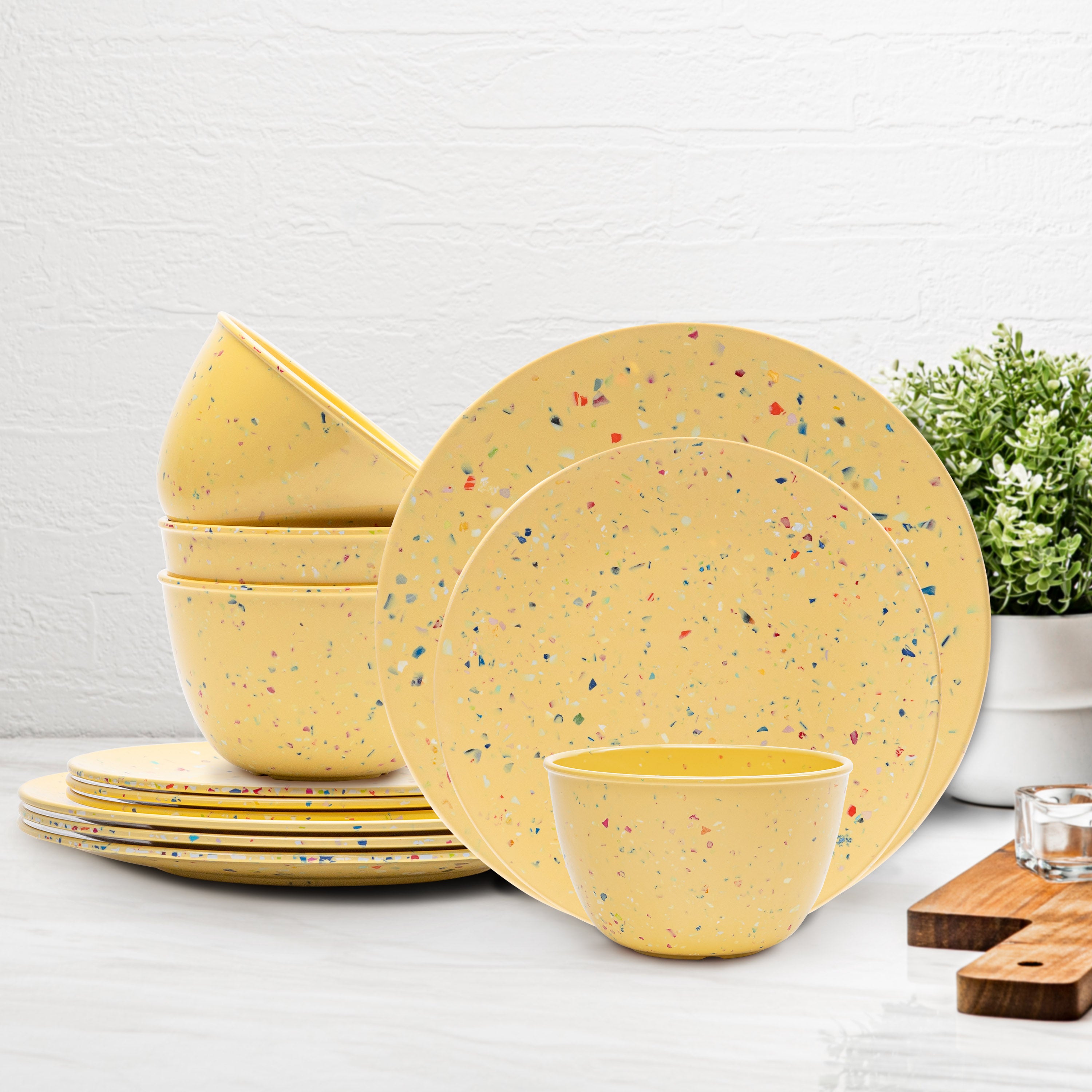 Confetti Melamine Dinnerware Set - Durable, Recycled Plates and Bowls, Yellow