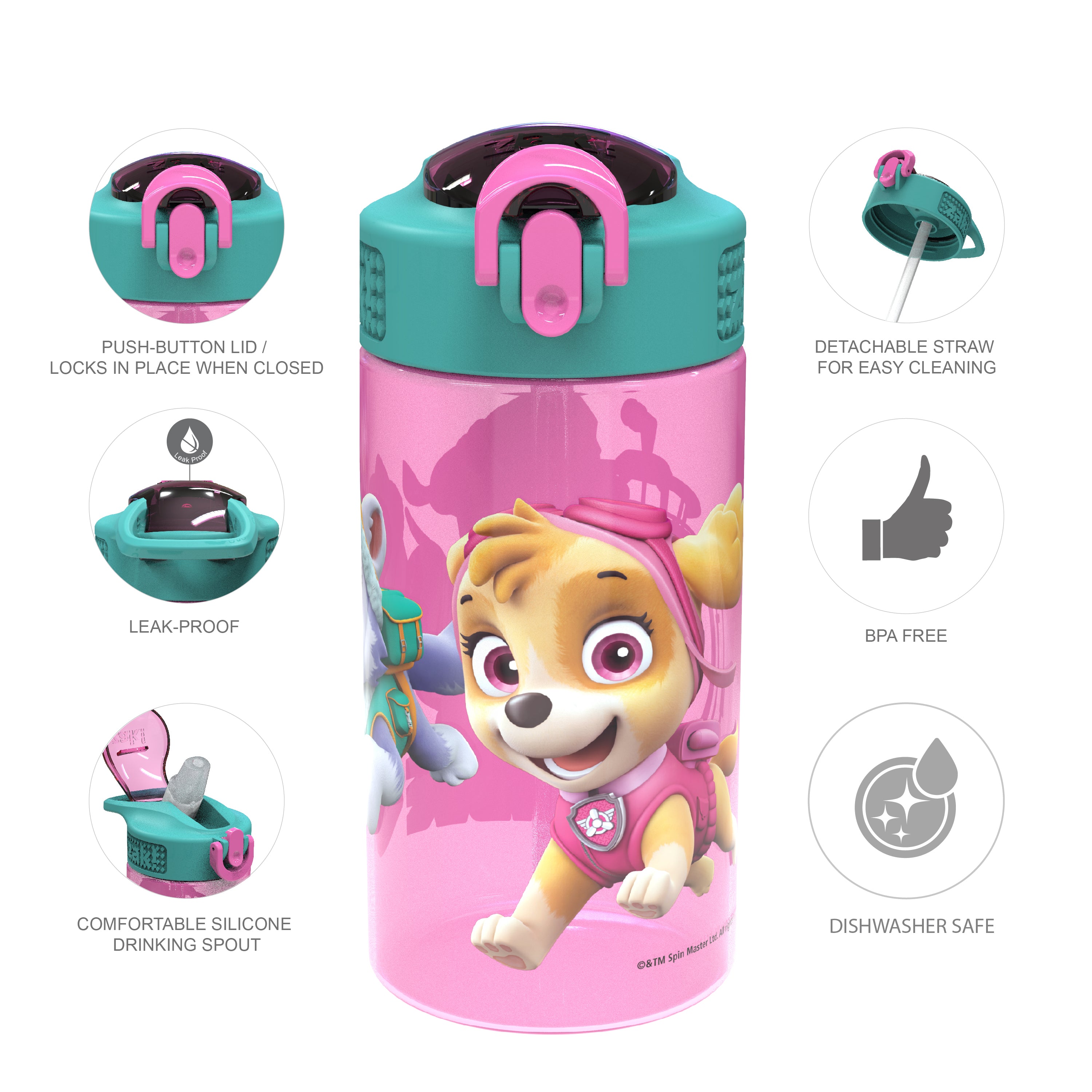Paw Patrol Skye Kids Plastic Water Bottle with Leak Proof Lid and Spout - 2 Pack, 16 ounce