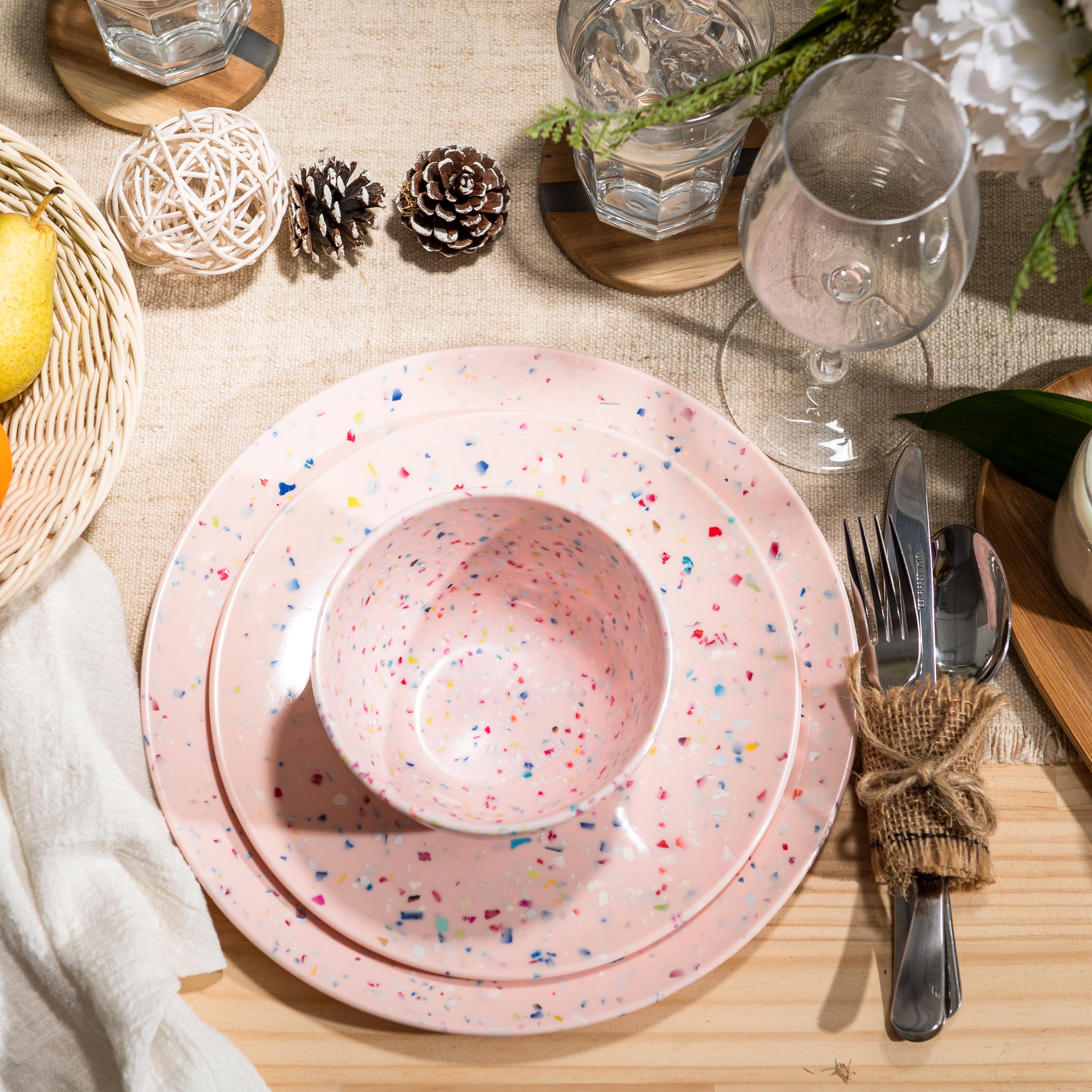 Confetti Melamine Dinnerware Set - Durable, Recycled Plates and Bowls, Pink