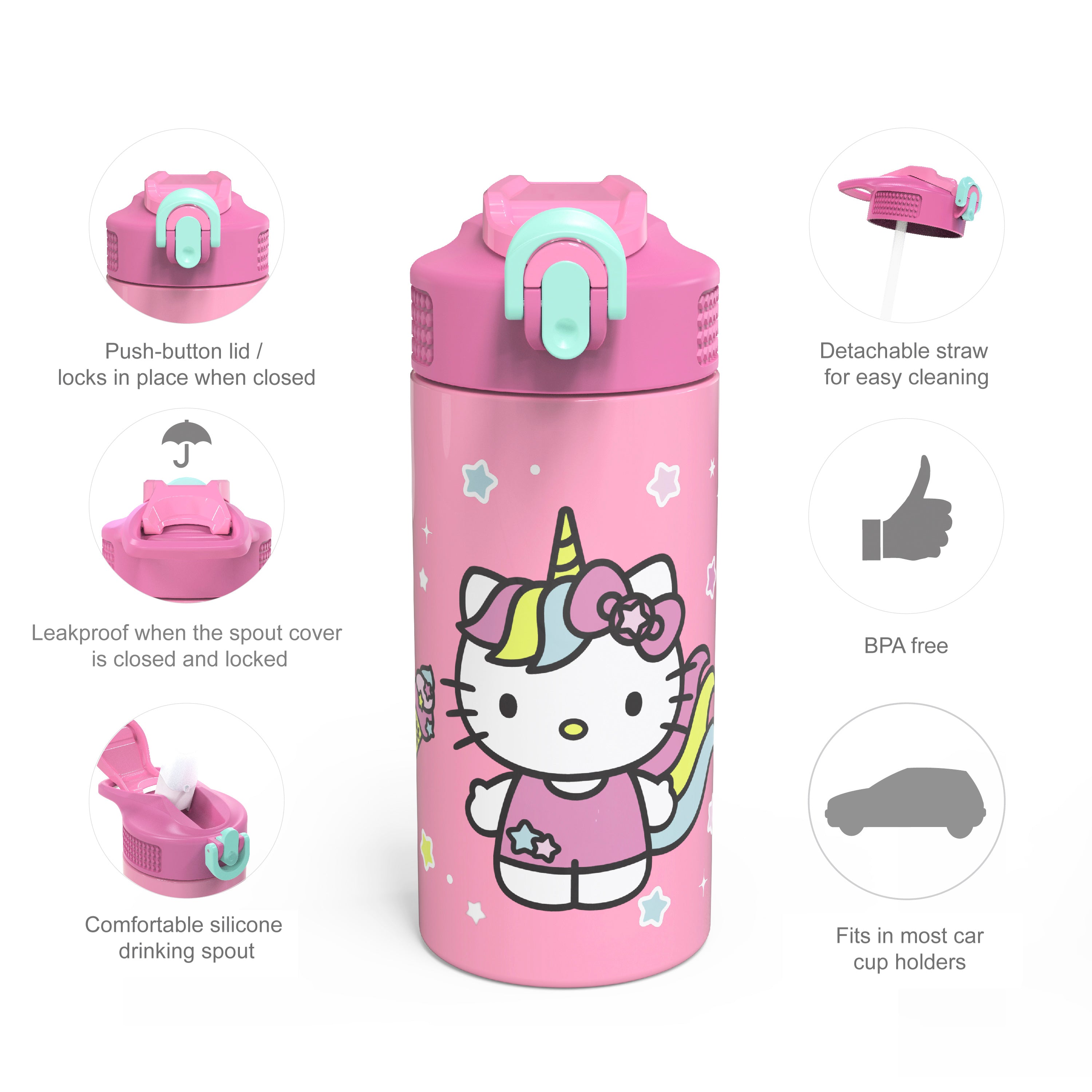 Hello Kitty Kids Stainless Steel Leak Proof Water Bottle with Push Button Lid and Spout