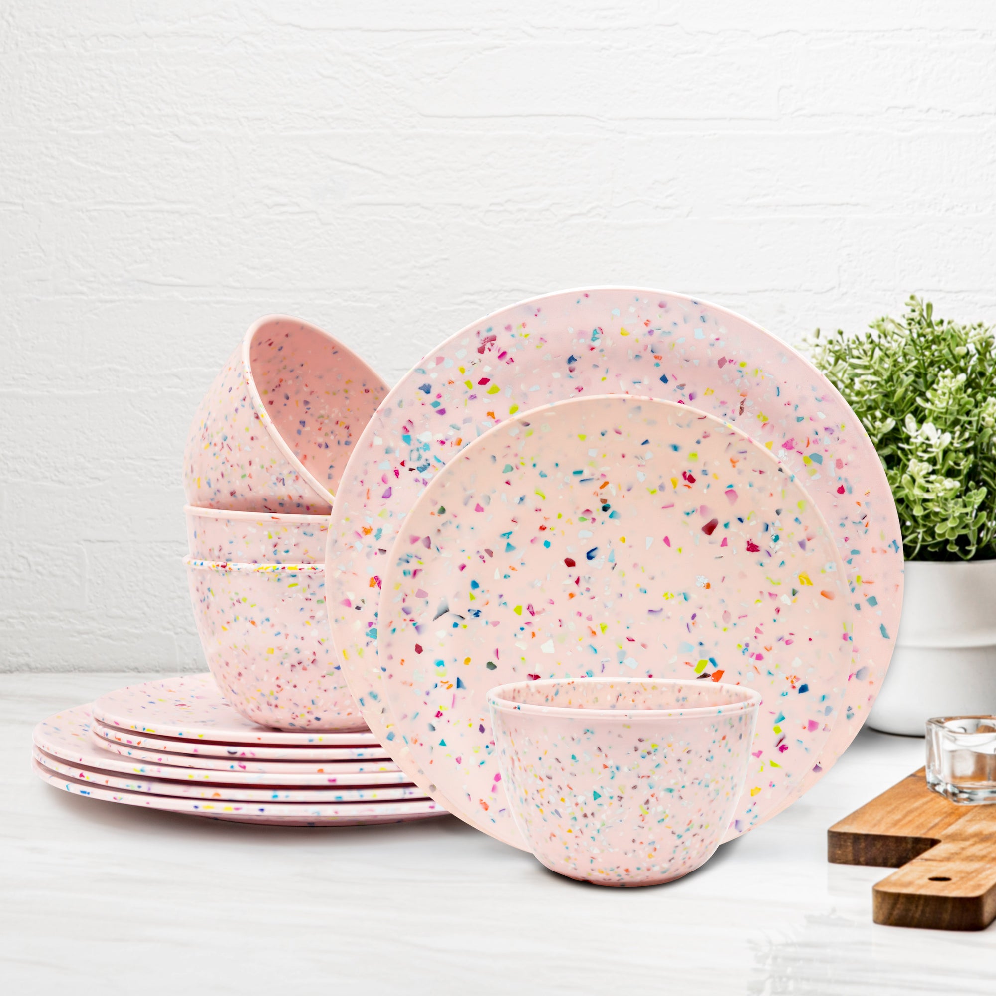 Confetti Melamine Dinnerware Set - Durable, Recycled Plates and Bowls, Pink