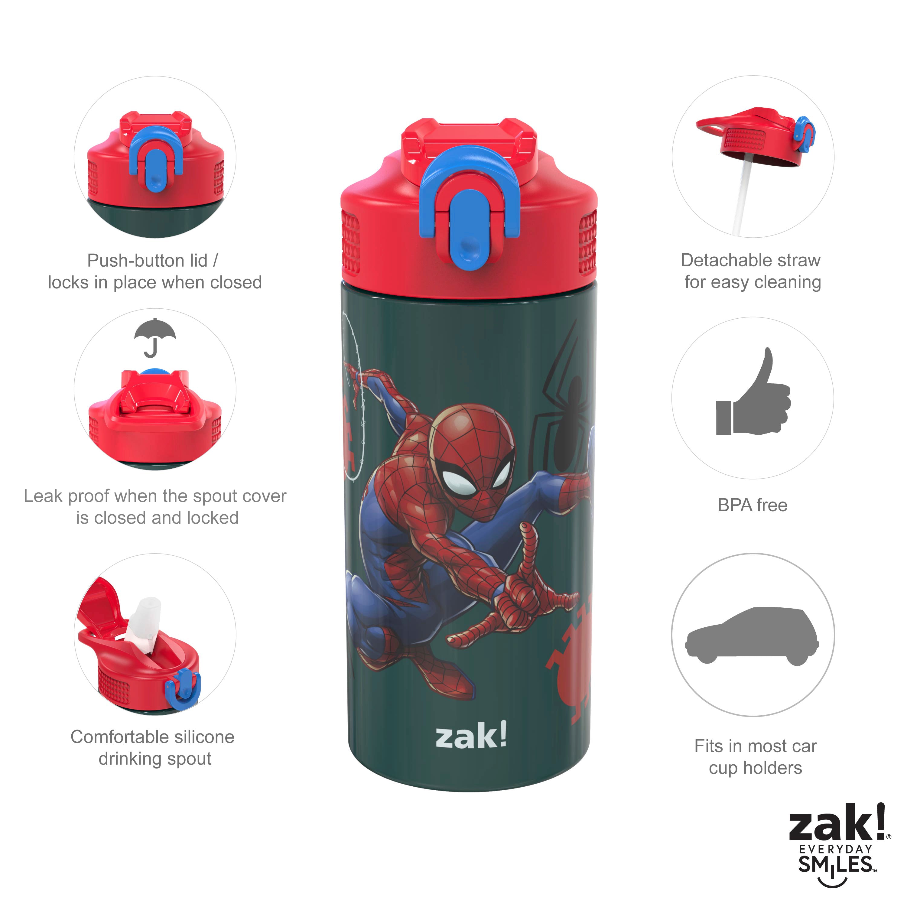Zak Designs 15.5 oz Kids Water Bottle Stainless Steel with Push-Button Spout and Locking Cover, Minecraft