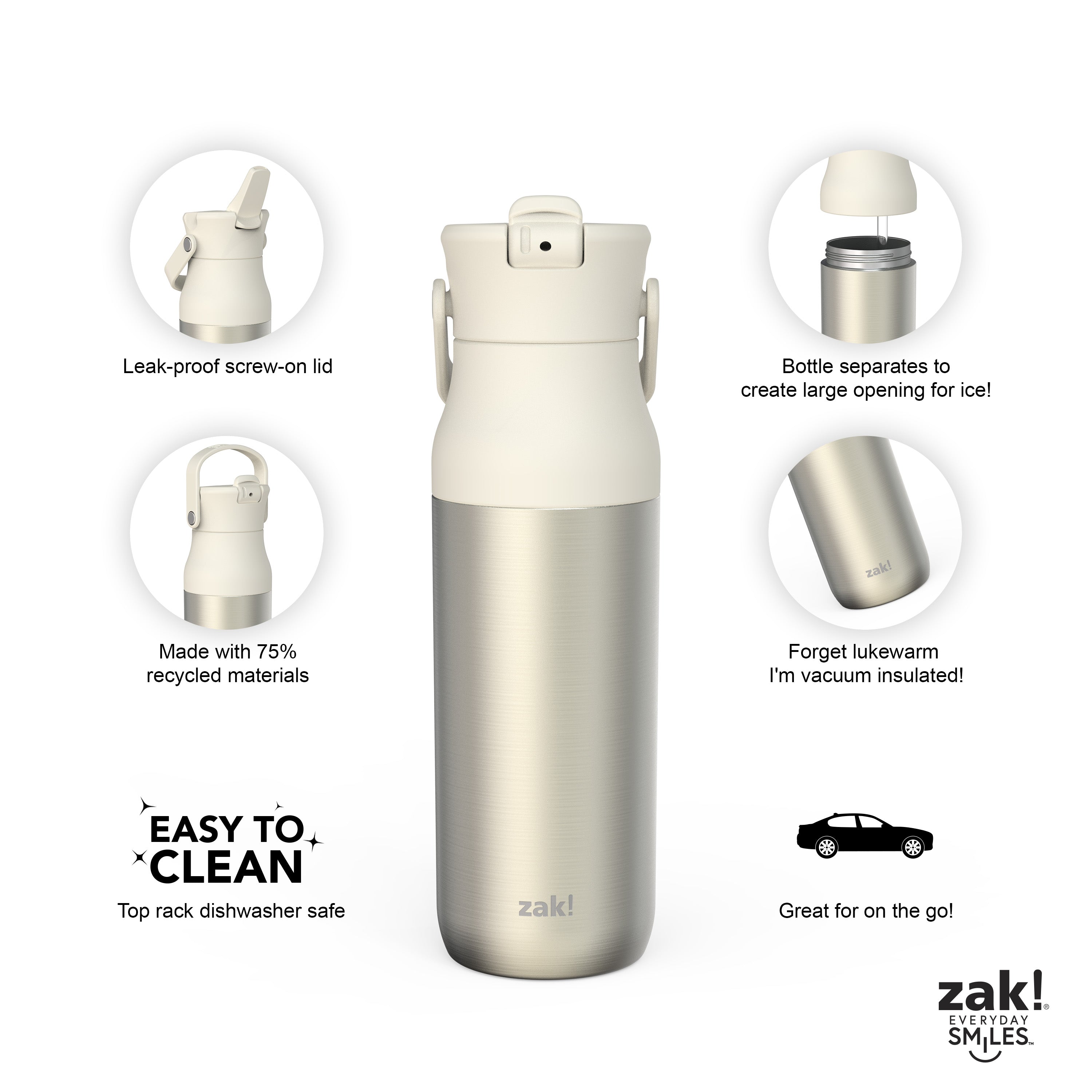 Zak Designs Harmony Water Bottle for Travel or at Home, 32oz Recycled Stainless Steel Is Leak-Proof When Closed and Vacuum Insulated with Straw Lid