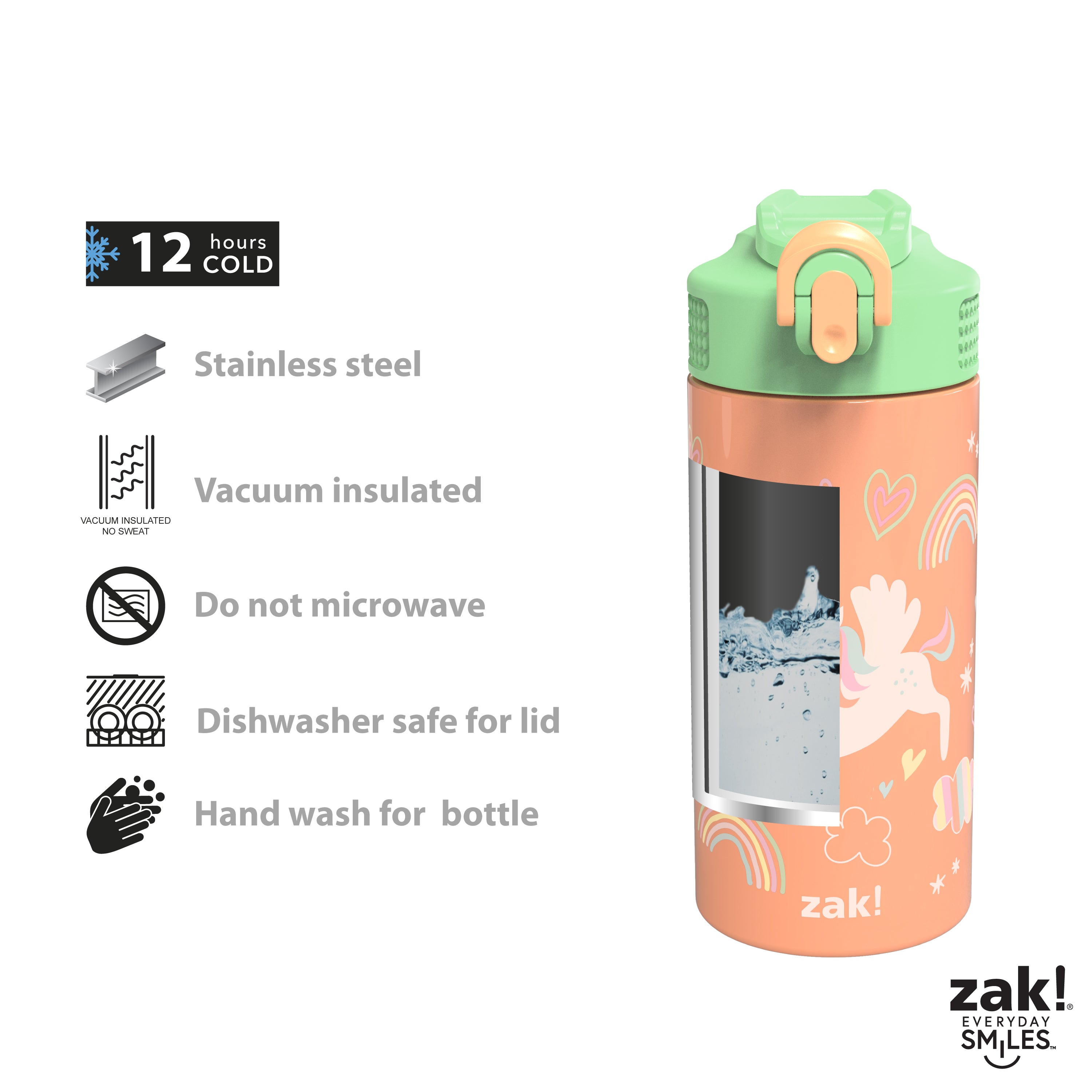 Unicorn Kids Stainless Steel Leak Proof Water Bottle with Push Button Lid and Spout