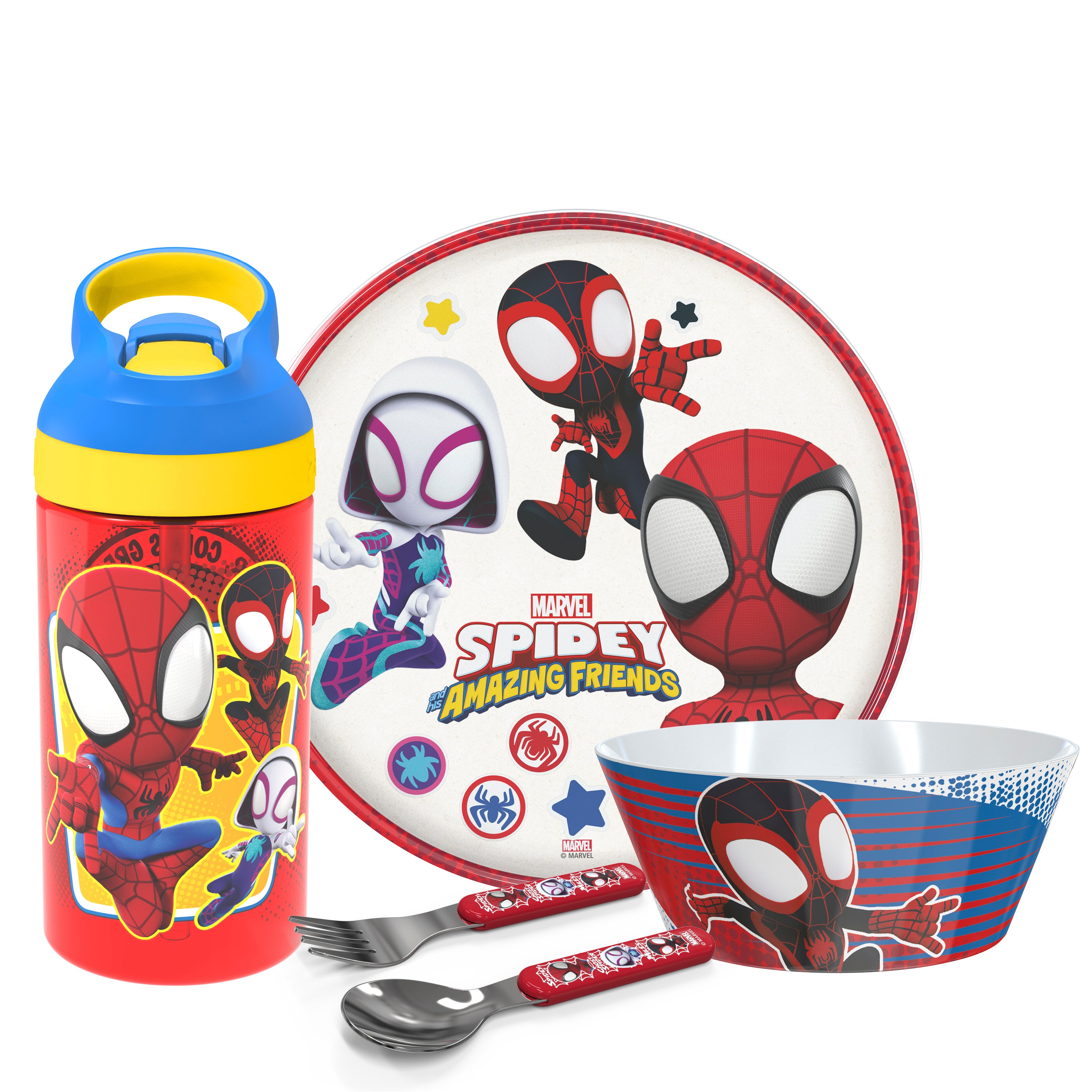 Marvel Spidey and Friends 5 Piece Melamine Kids Dinnerware Set with Water Bottle