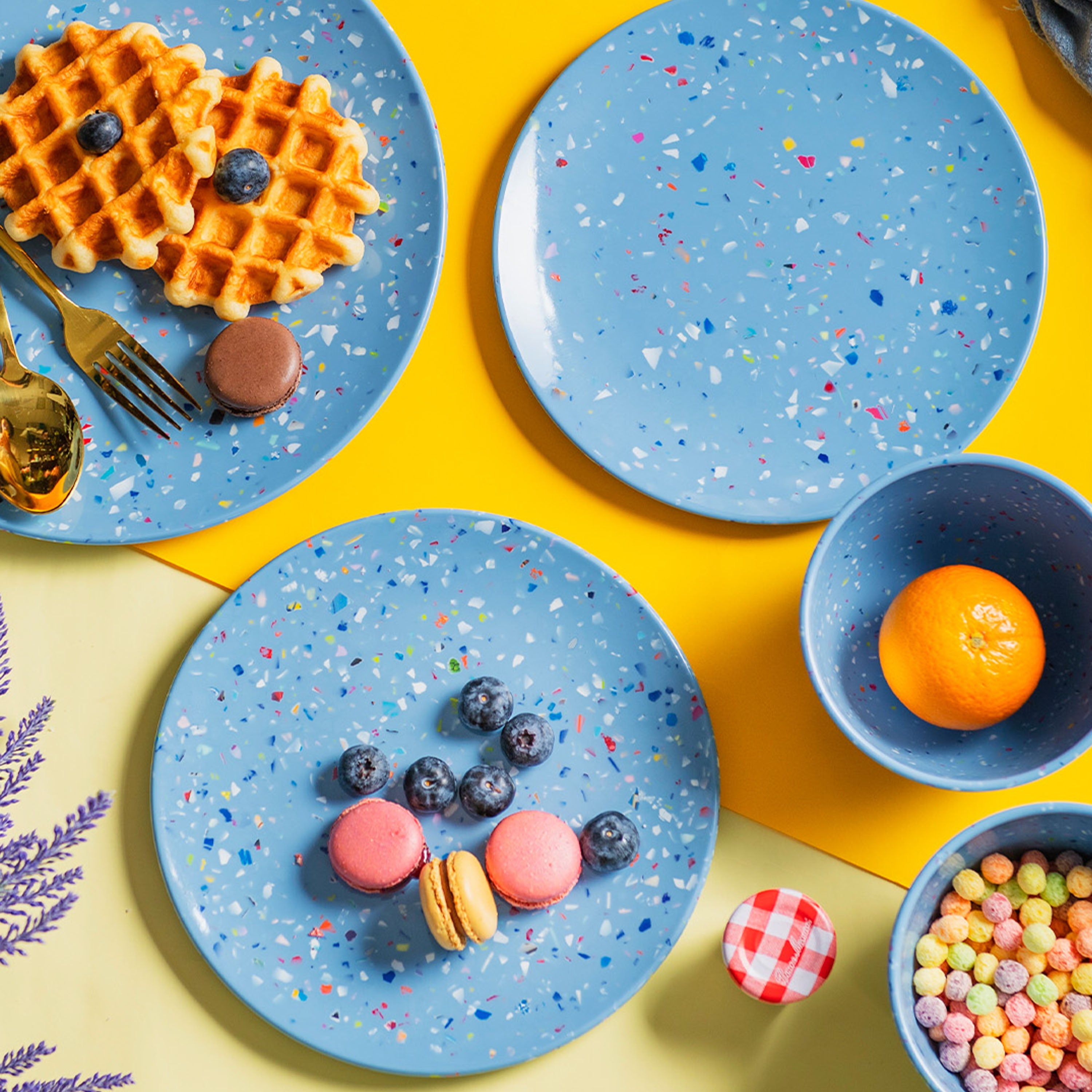 Confetti Melamine Dinnerware Set - Durable, Recycled Plates and Bowls, Blue