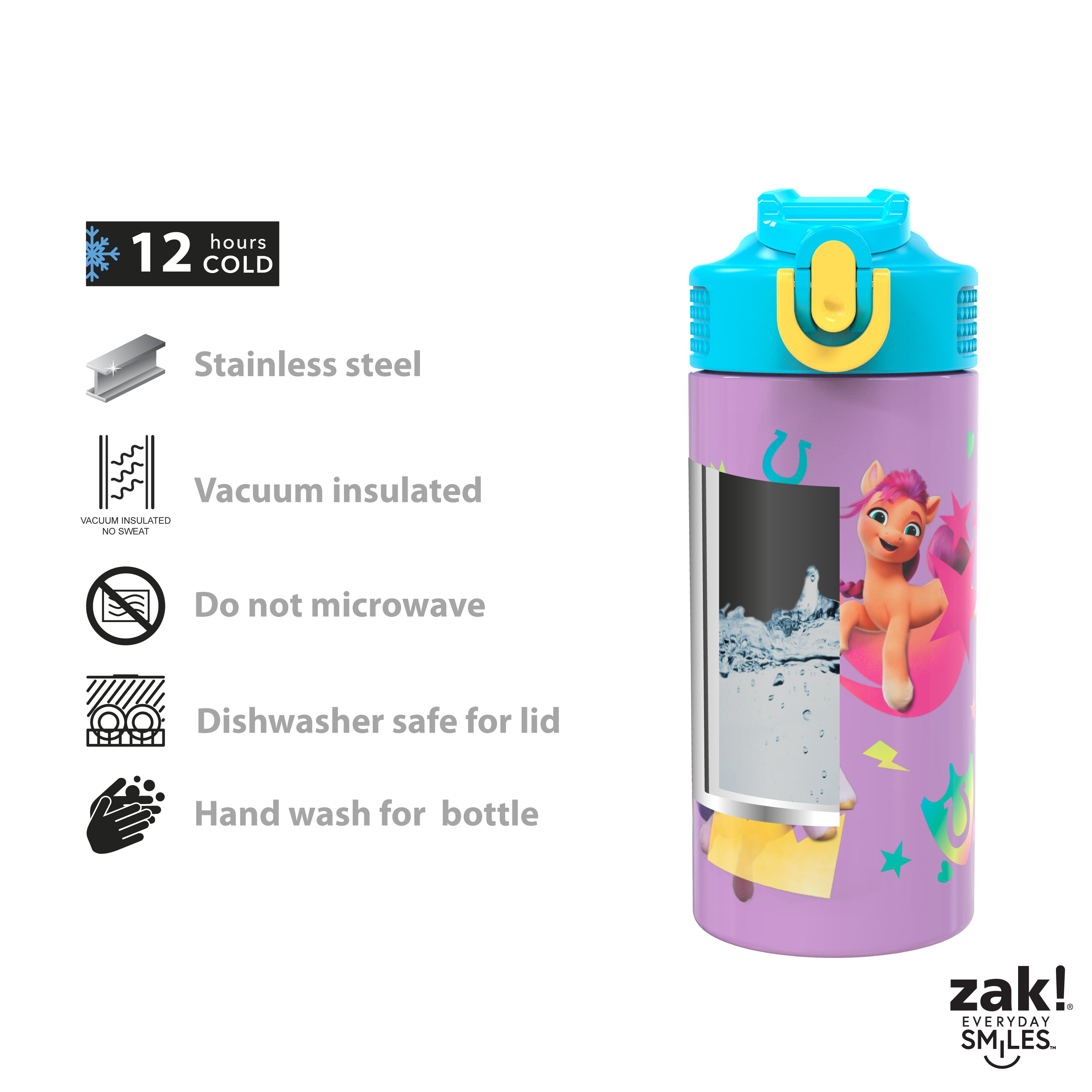 My Little Pony Kids Stainless Steel Leak Proof Water Bottle with Push Button Lid and Spout