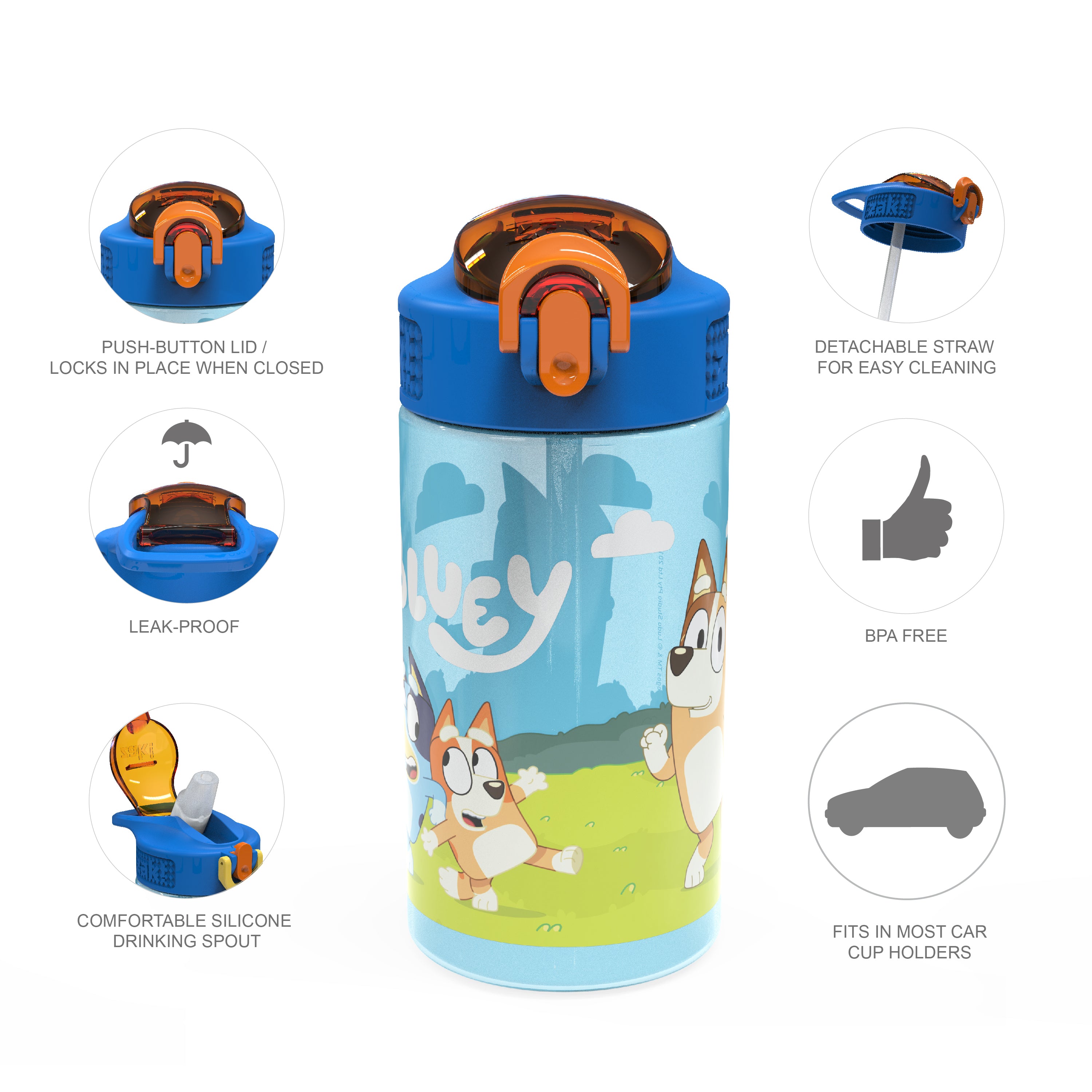 Bluey Kids Plastic Water Bottle with Leak Proof Lid and Spout - 2 Pack, 16 ounce