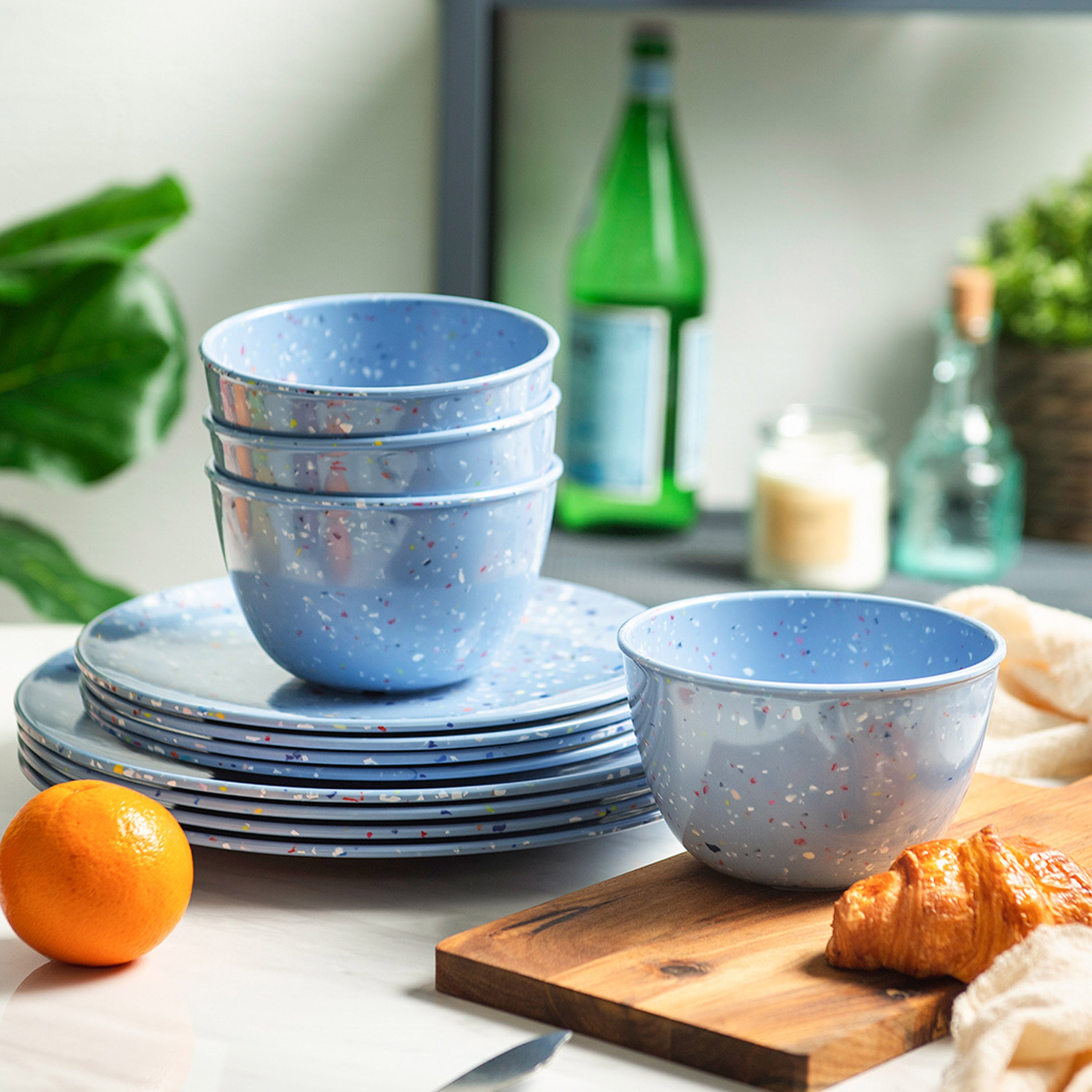 Confetti Melamine Dinnerware Set - Durable, Recycled Plates and Bowls, Blue