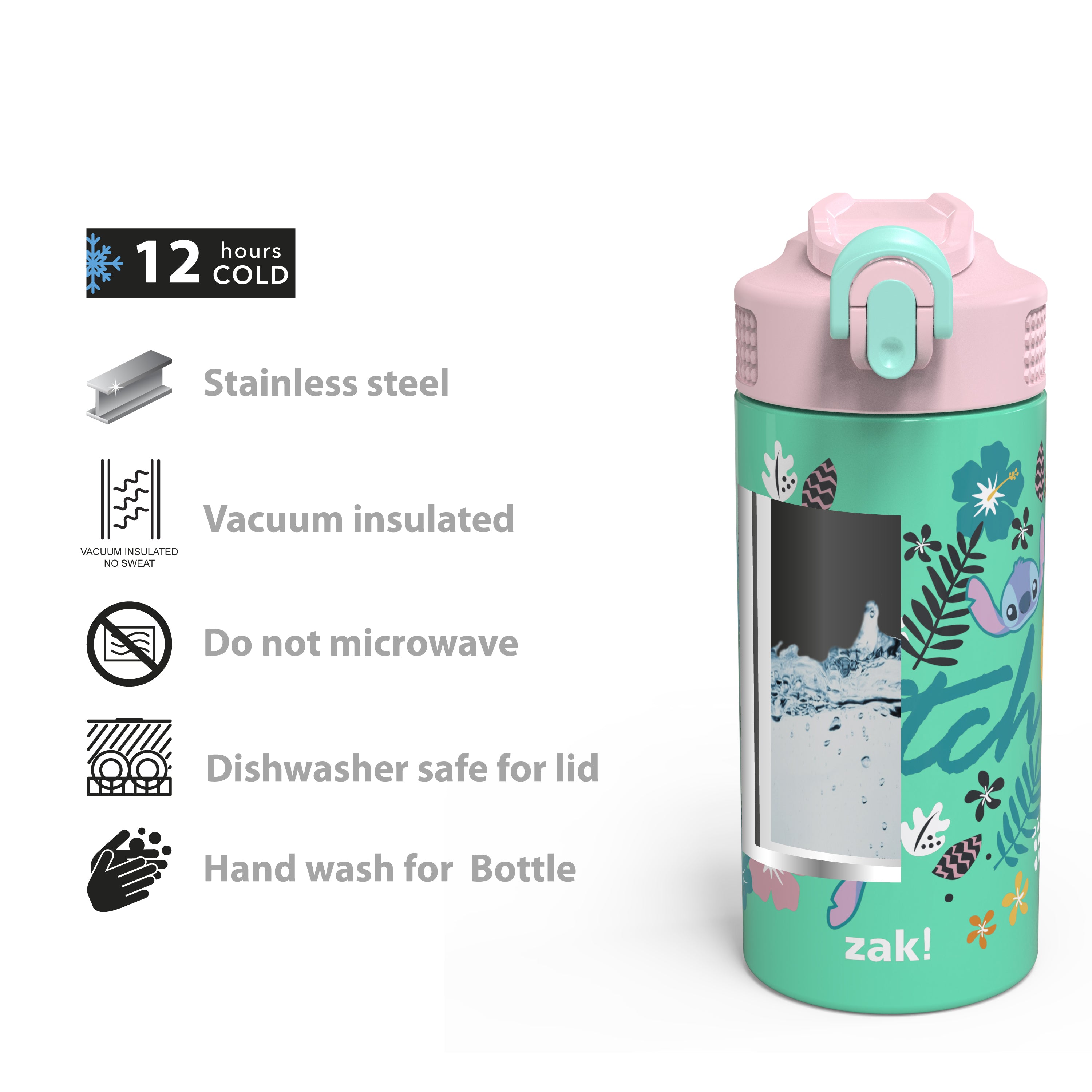 Disney Lilo &amp; Stitch Kids Stainless Steel Leak Proof Water Bottle with Push Button Lid and Spout