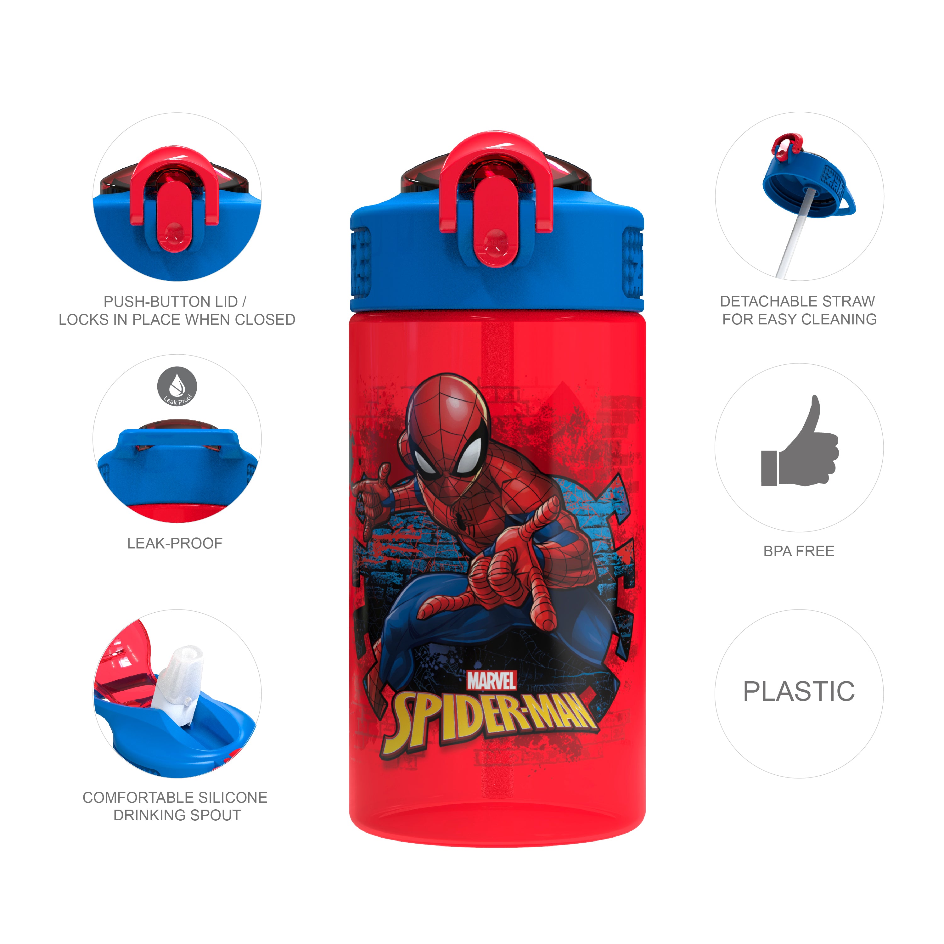 Spider Man Kids Plastic Water Bottle with Leak Proof Lid and Spout - 16 ounce