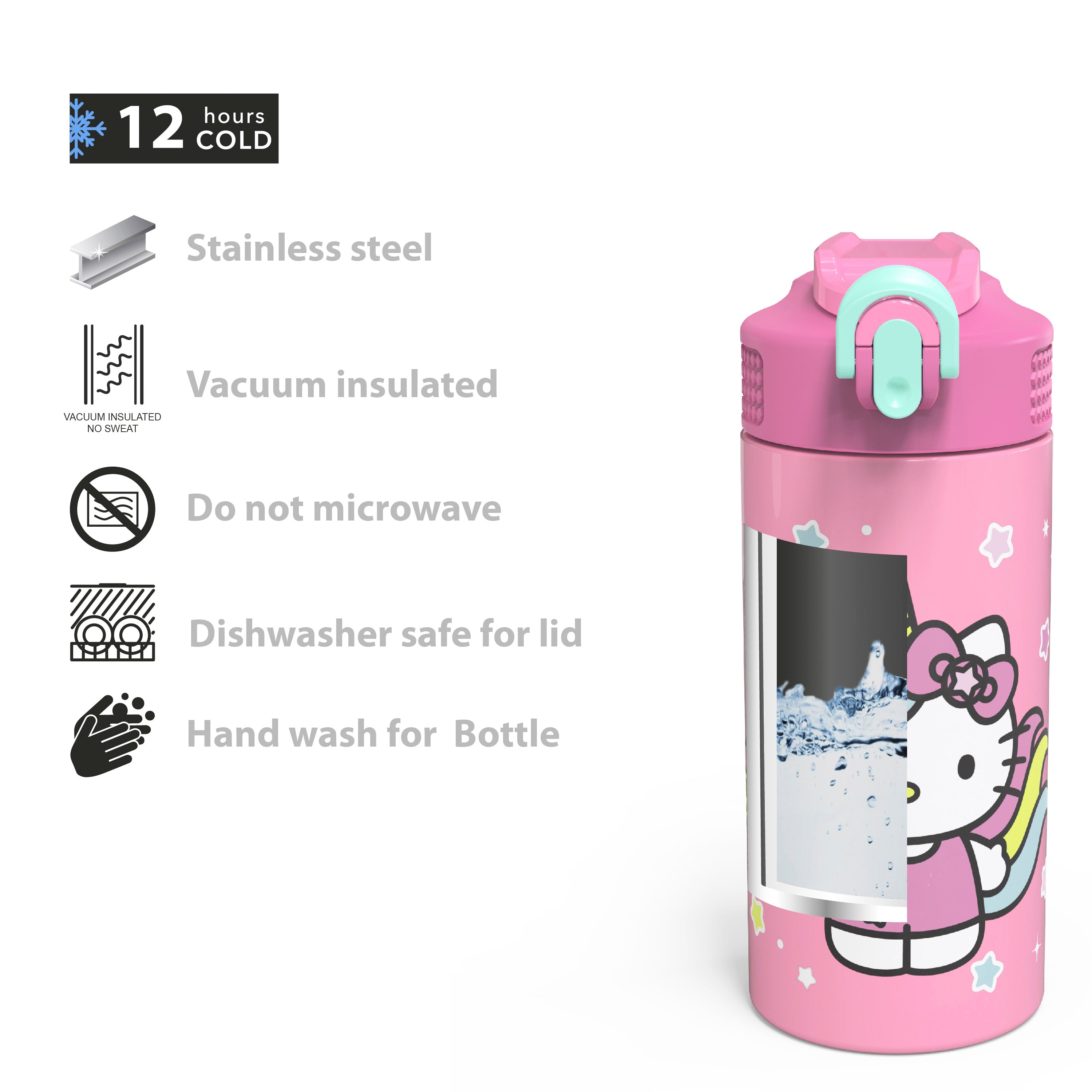 Zak Designs 14 oz Kids Water Bottle Stainless Steel Vacuum Insulated for Cold Drinks Outdoor Hello Kitty, Size: 14 fl oz, Pink