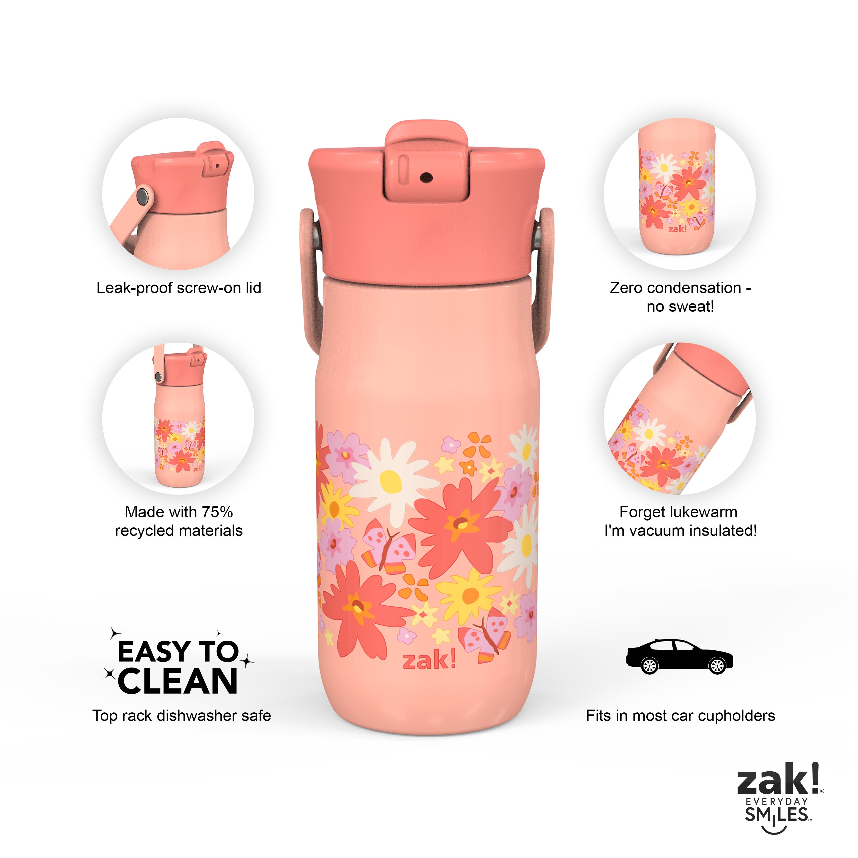 Zak Designs 14oz Recycled Stainless Steel Vacuum Insulated Kids' Water Bottle 'On The Move