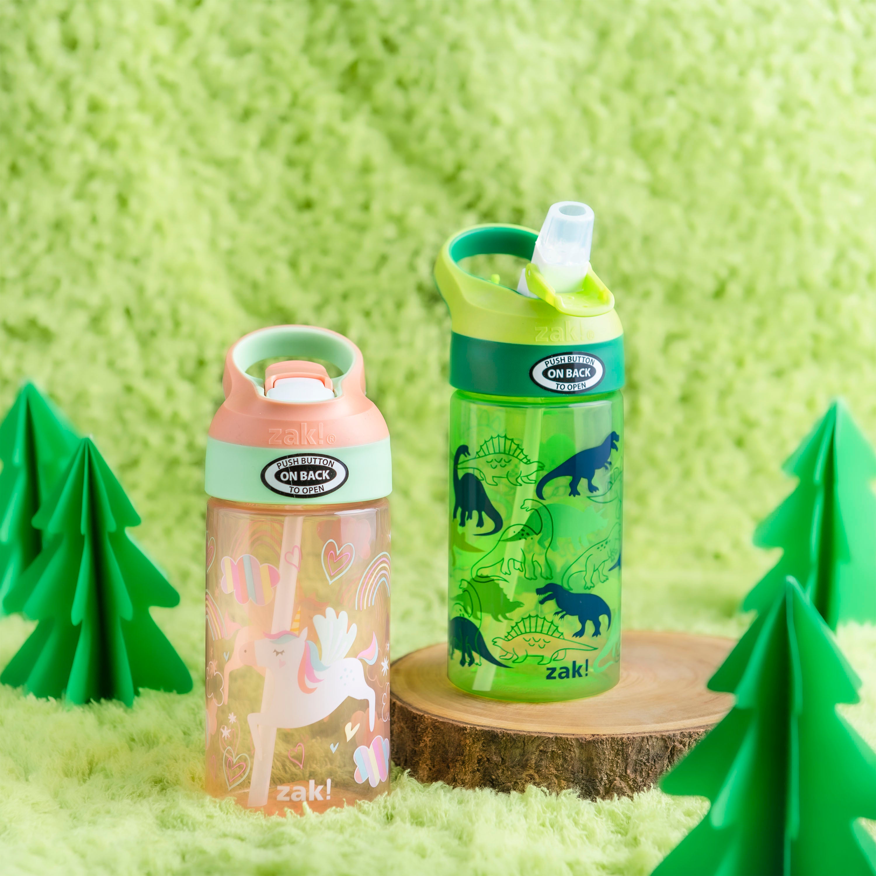 Unicorn and Dinosaurs Kids Leak Proof Water Bottles with Push Button Lid and Spout - 16 ounce