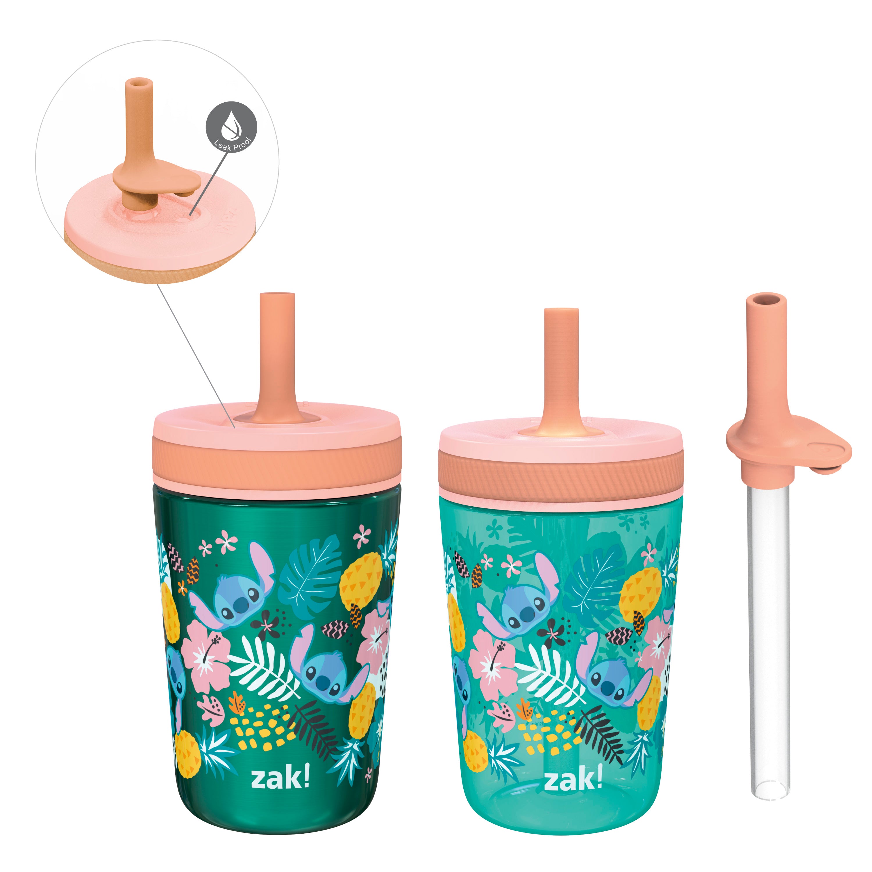 Zak Designs Disney Lilo and Stitch Kelso Tumbler Set, Leak-Proof Screw-On Lid with Straw, Bundle for Kids Includes Plastic and Stainless Steel Cups