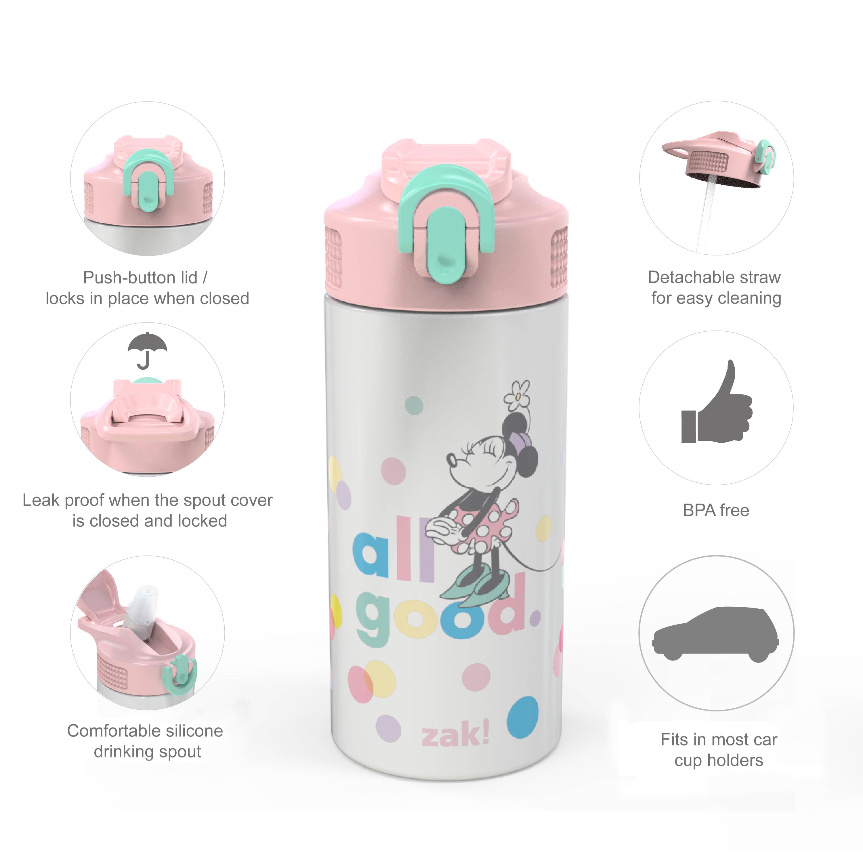 Disney Minnie Mouse Kids Stainless Steel Leak Proof Water Bottle with Push Button Lid and Spout