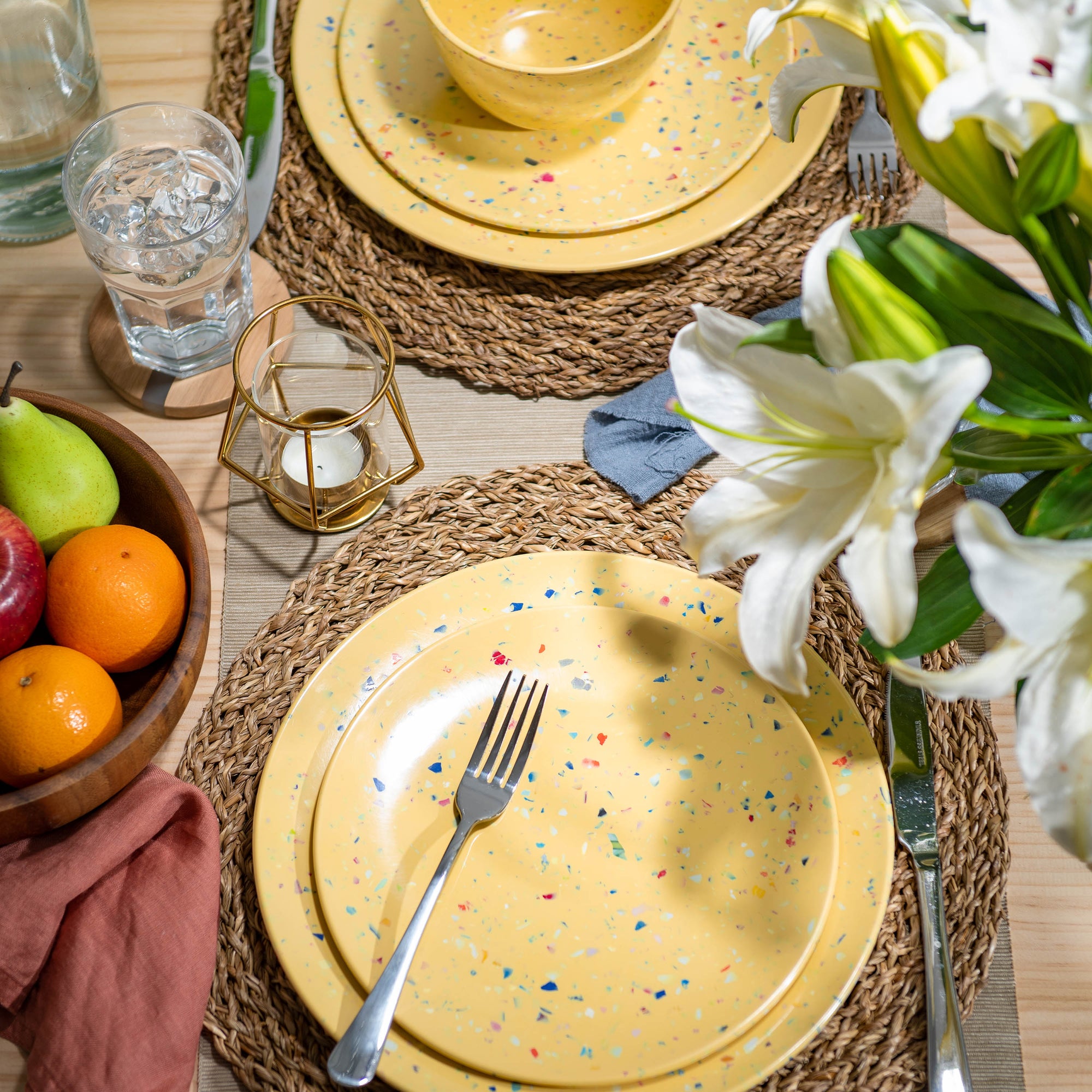 Confetti Melamine Dinnerware Set - Durable, Recycled Plates and Bowls, Yellow