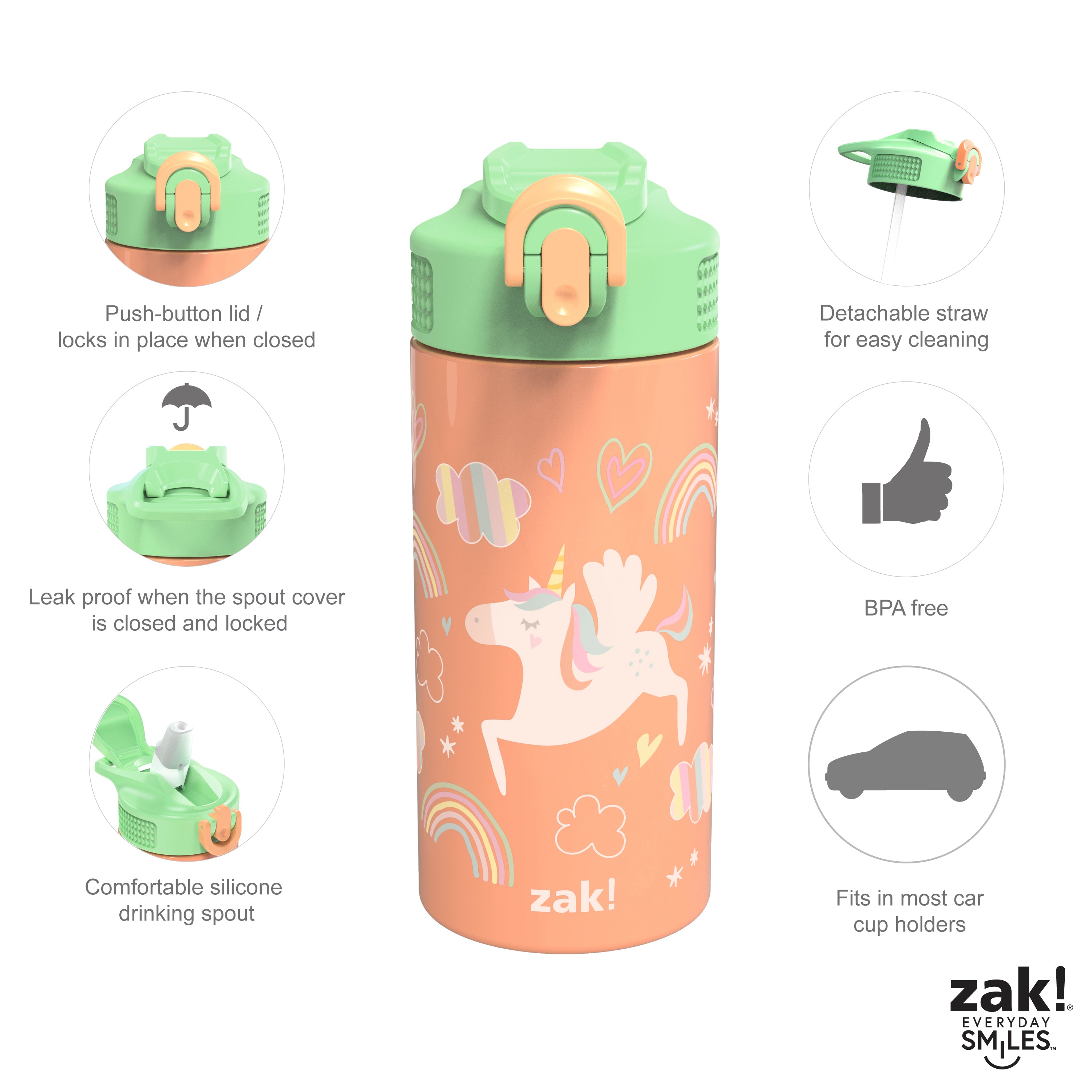 Zak Designs Unicorn 14 Ounce Stainless Steel Vacuum Insulated Water Bottle, Unicorns and Rainbows