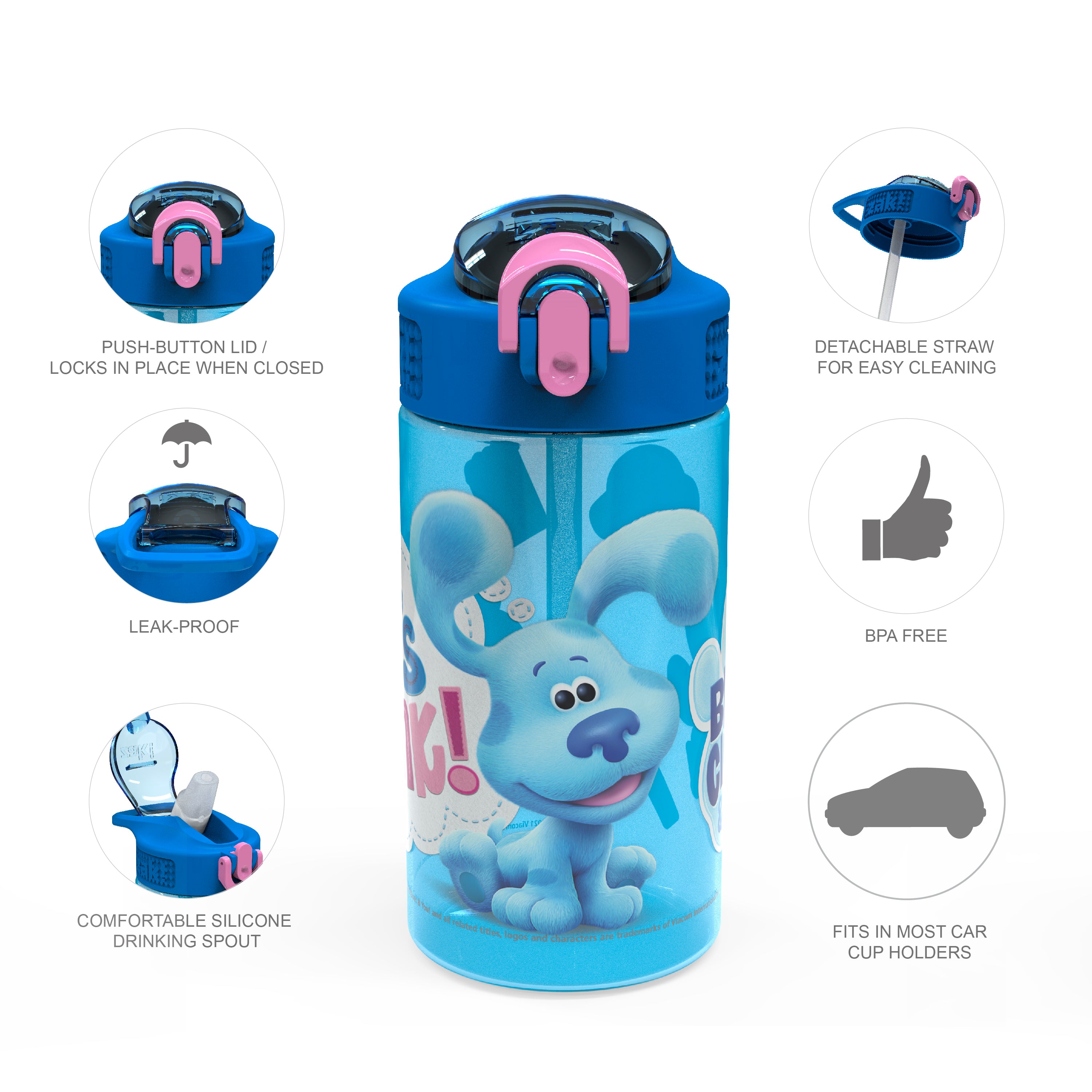 Blue's Clues Kids Plastic Water Bottle with Leak Proof Lid and Spout - 2 Pack, 16 ounce