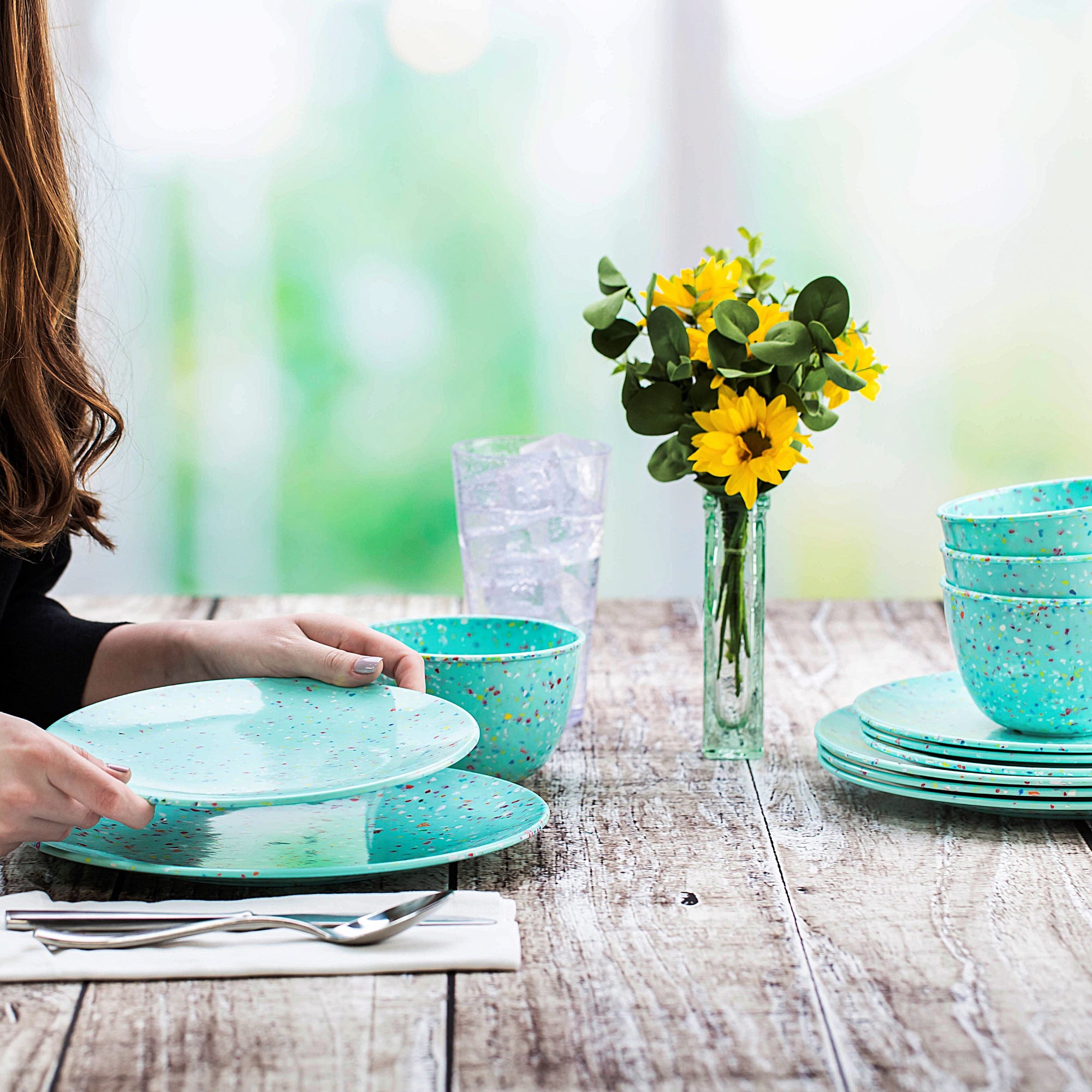 Confetti Melamine Dinnerware Set - Durable, Recycled Plates and Bowls, Mint Green