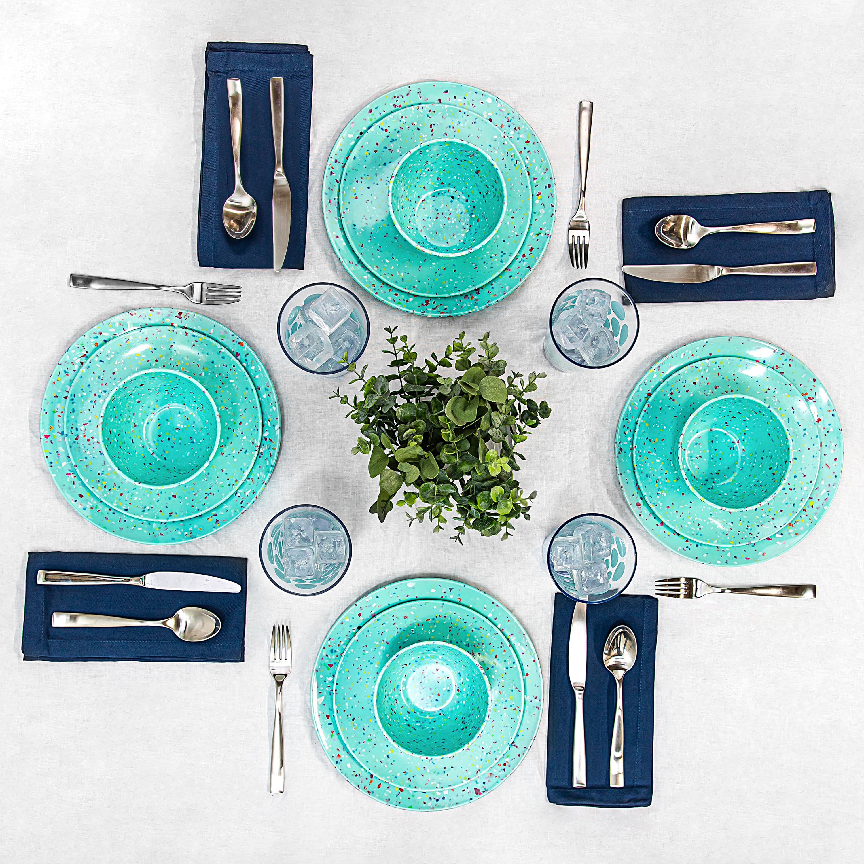 Confetti Melamine Dinnerware Set - Durable, Recycled Plates and Bowls, Mint Green