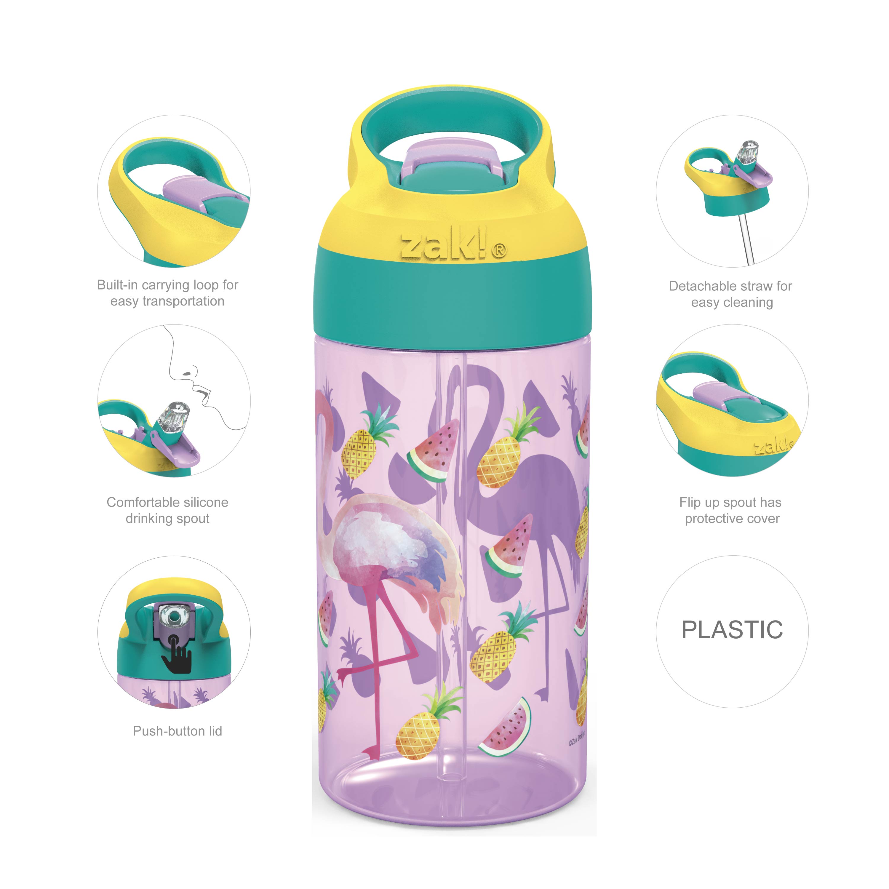 Cactus and Flamingo Kids Leak Proof Water Bottles with Push Button Lid and Spout - 16 ounce