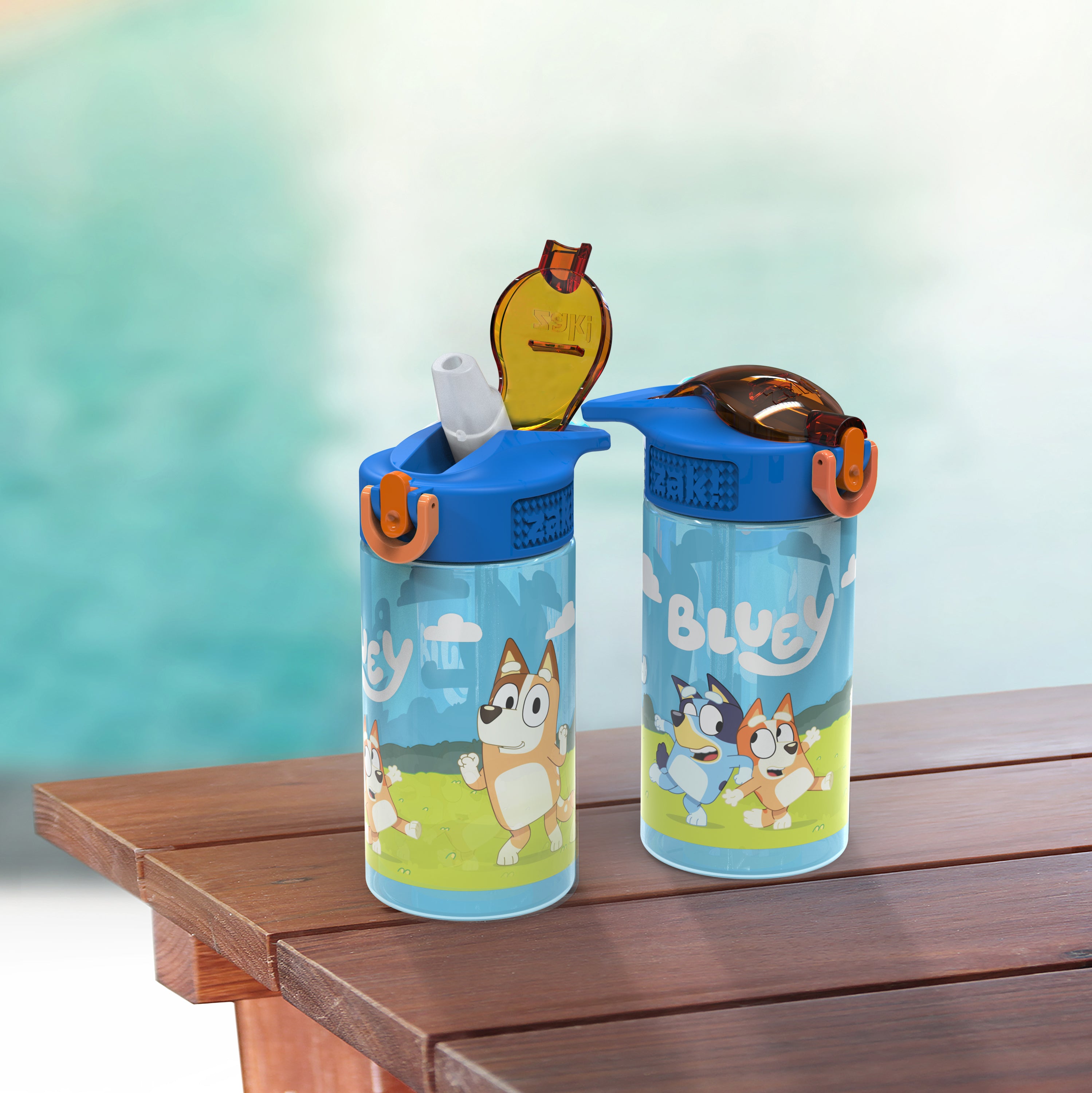 Zak Designs Bluey Kids Durable Plastic Spout Cover and Built-in Carrying Loop Leak-Proof Water Design for Travel (16oz 2pc Set) Bluey Bottle 2pk 2 Co