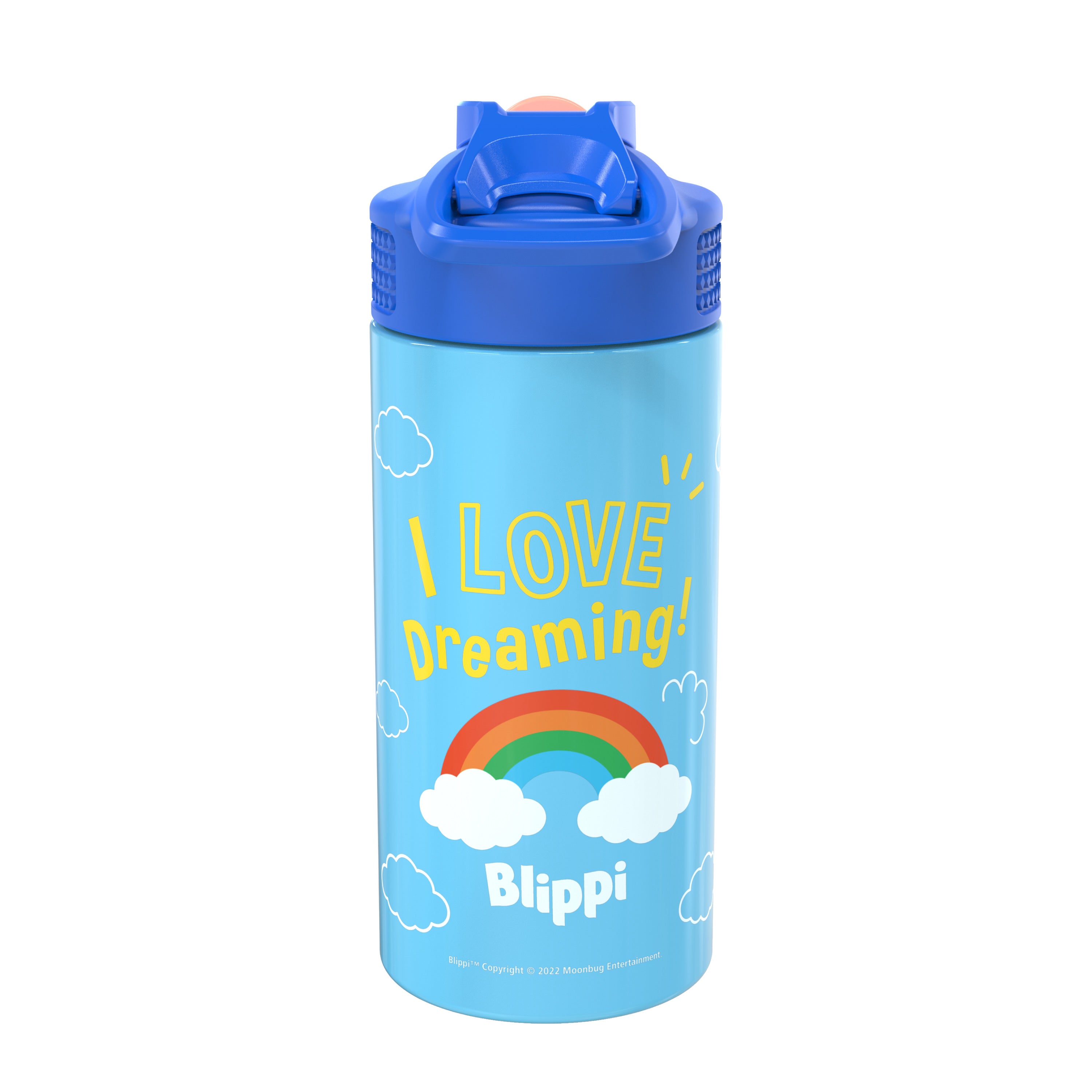 Zak Designs Blippi 14 oz Double Wall Vacuum Insulated Thermal Kids Water Bottle, 18/8 Stainless Steel, FlipUp Straw Spout, Locking Spout Cover
