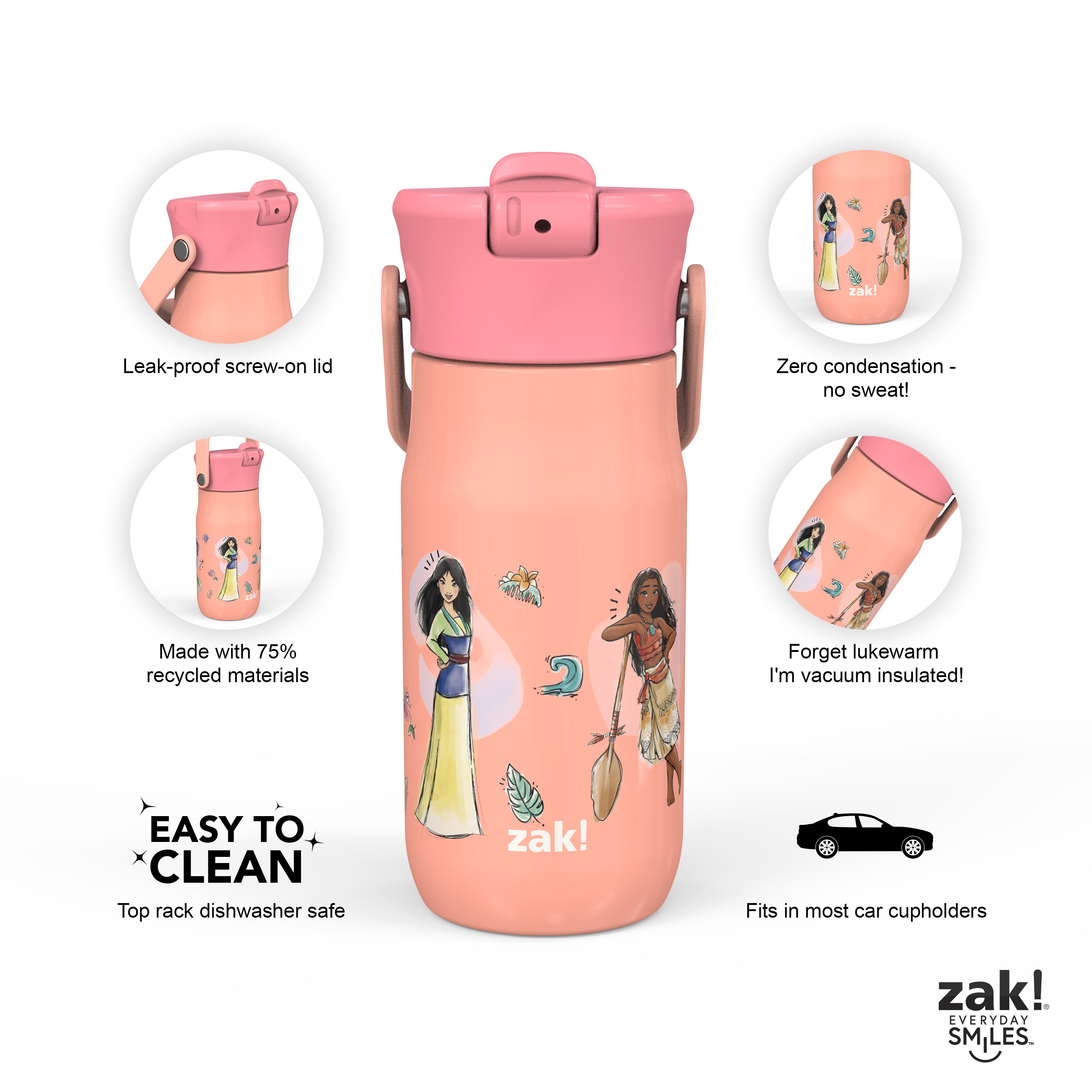 Zak! Disney Stainless Steel Insulated Water Bottle Princess - 20 oz