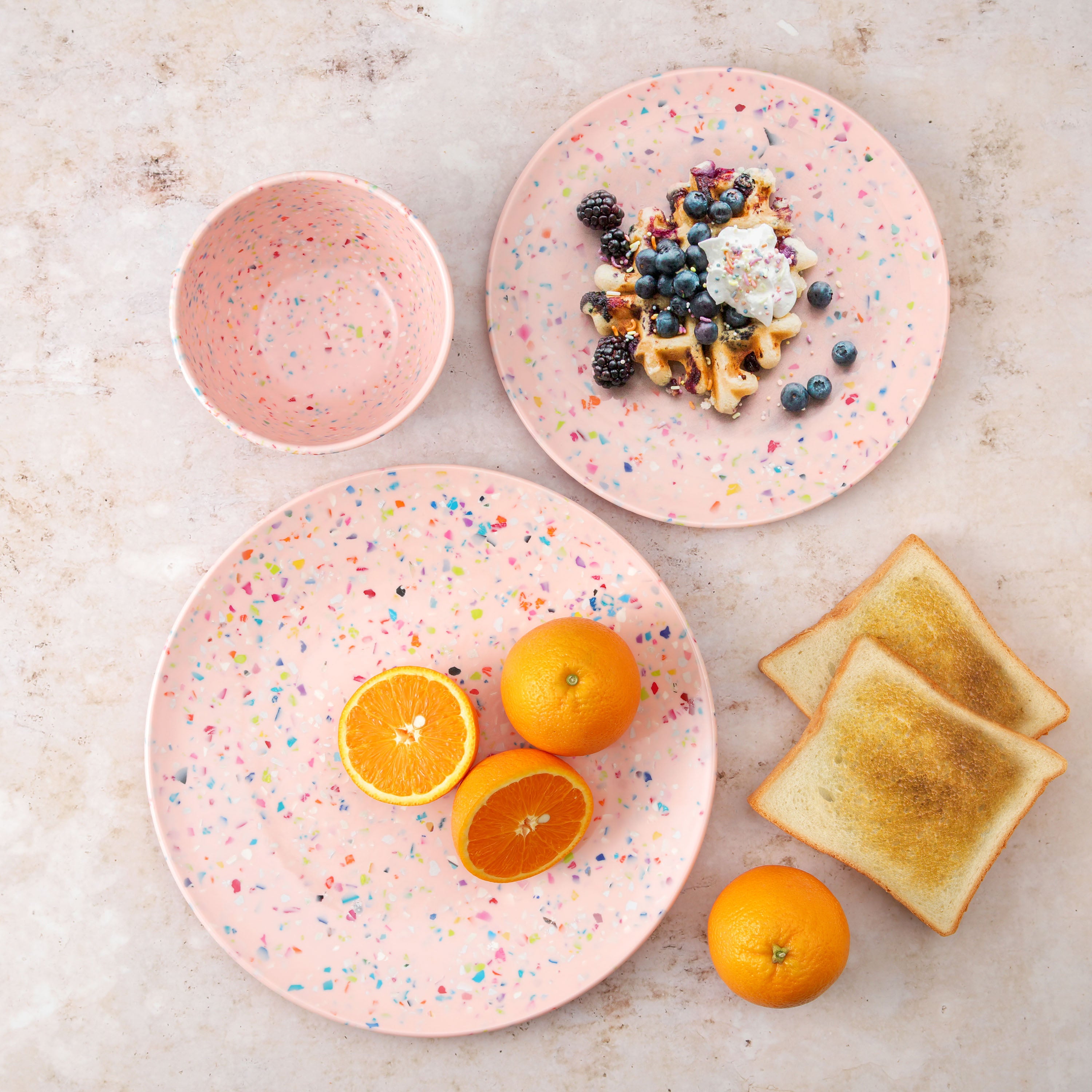 Confetti Melamine Dinnerware Set - Durable, Recycled Plates and Bowls, Pink