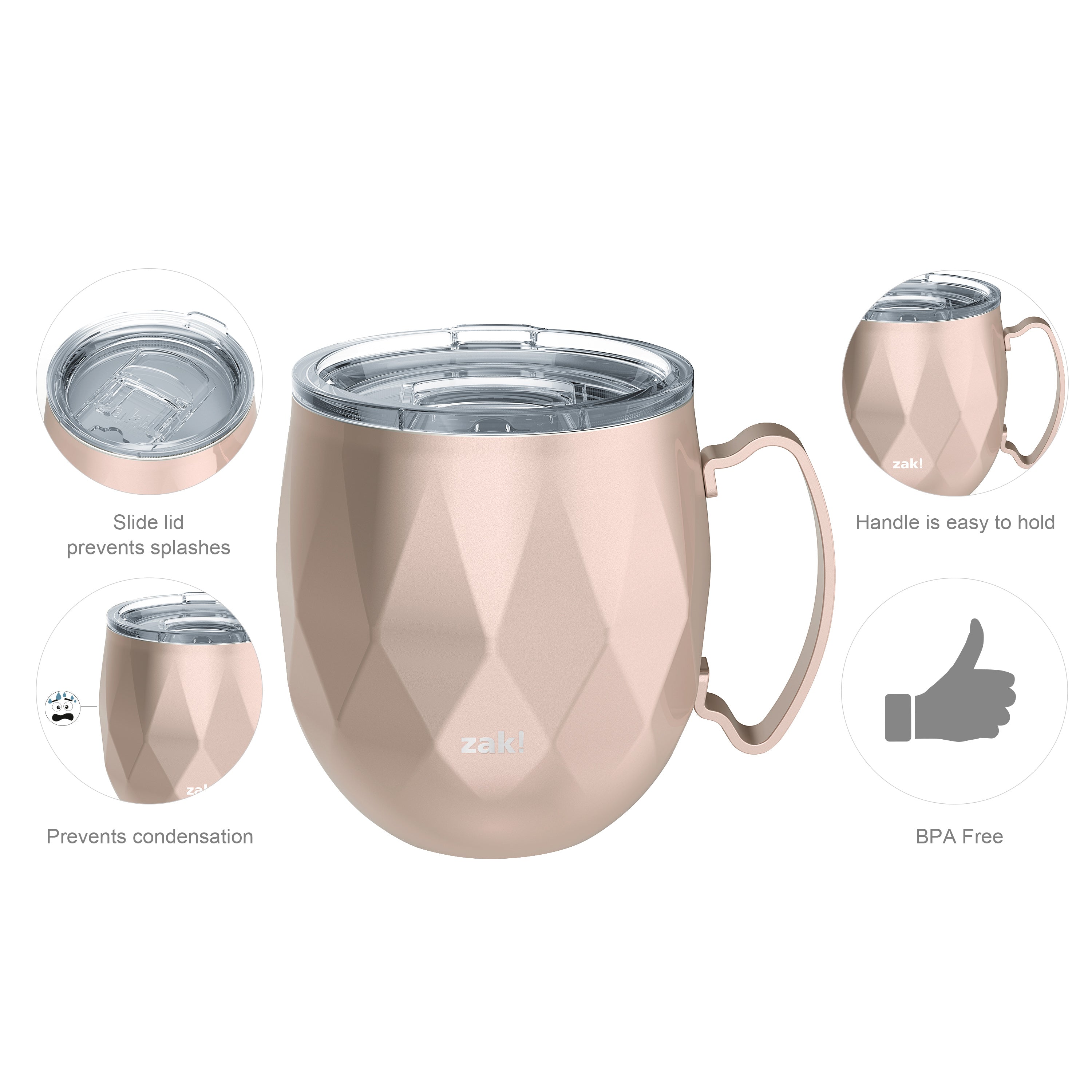 Fractal Vacuum Insulated Stainless Steel Moscow Mule Mug with Lid, Rose Gold