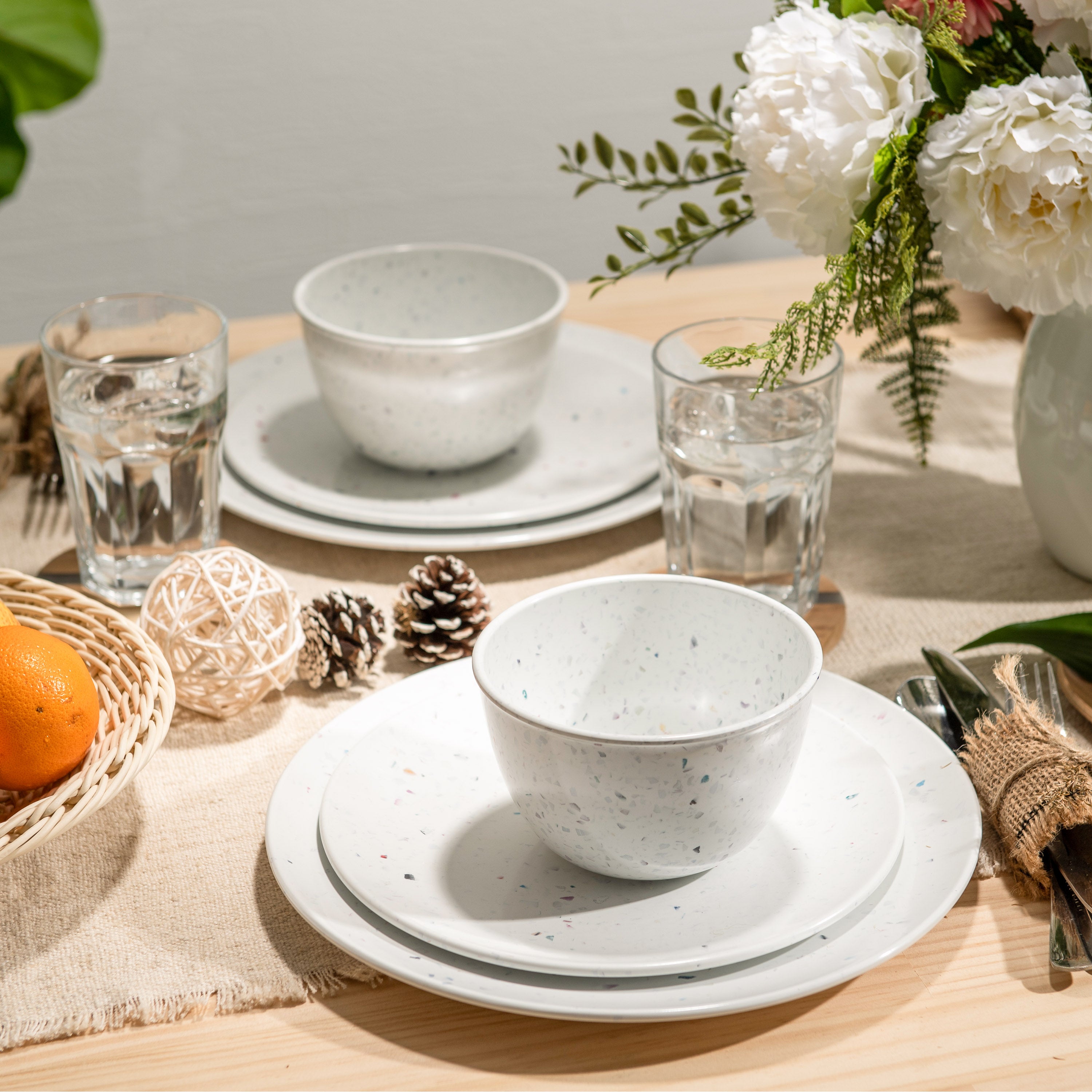Confetti Melamine Dinnerware Set - Durable, Recycled Plates and Bowls, White