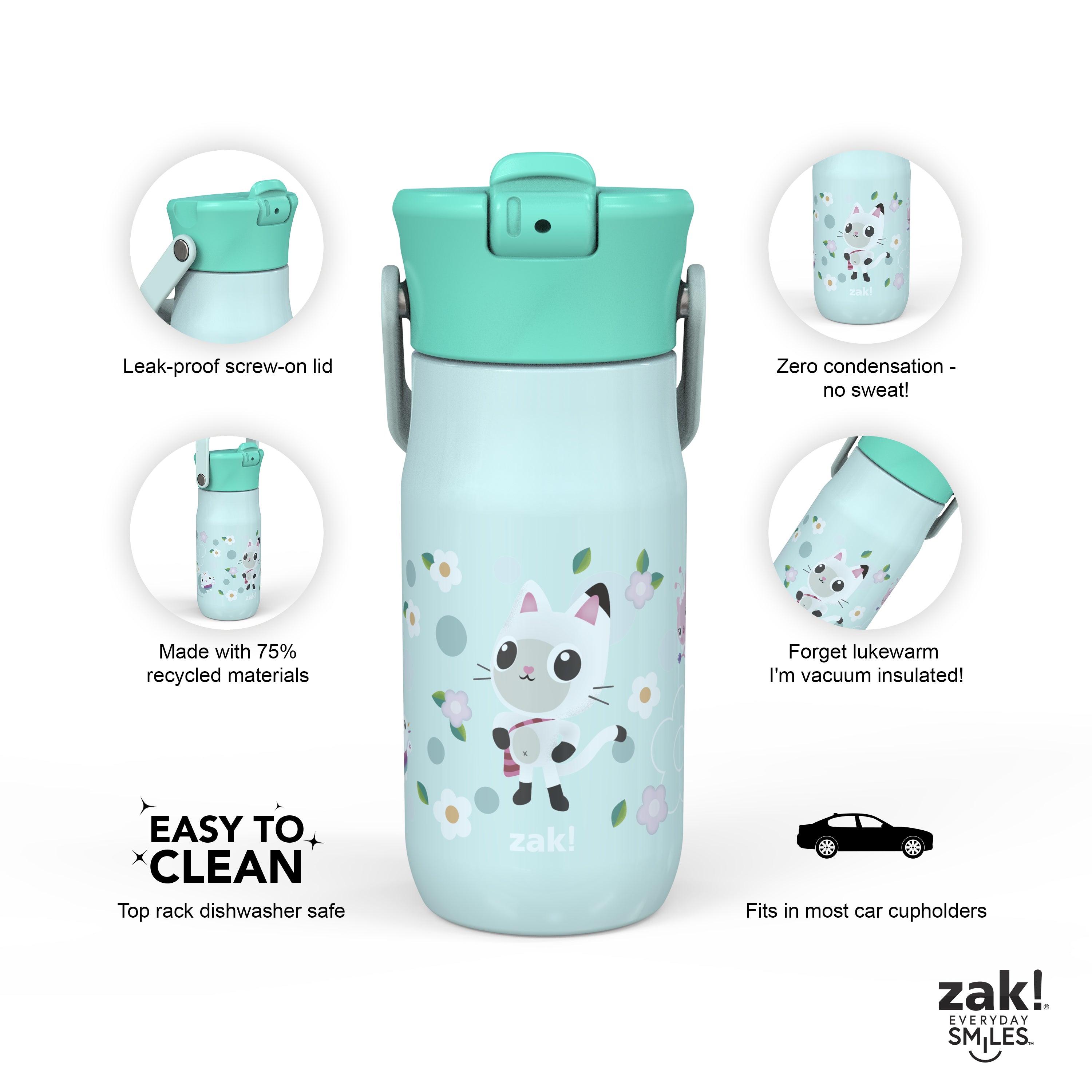 Zak Designs 14oz Recycled Stainless Steel Vacuum Insulated Kids' Water Bottle 'Gabby's Dollhouse