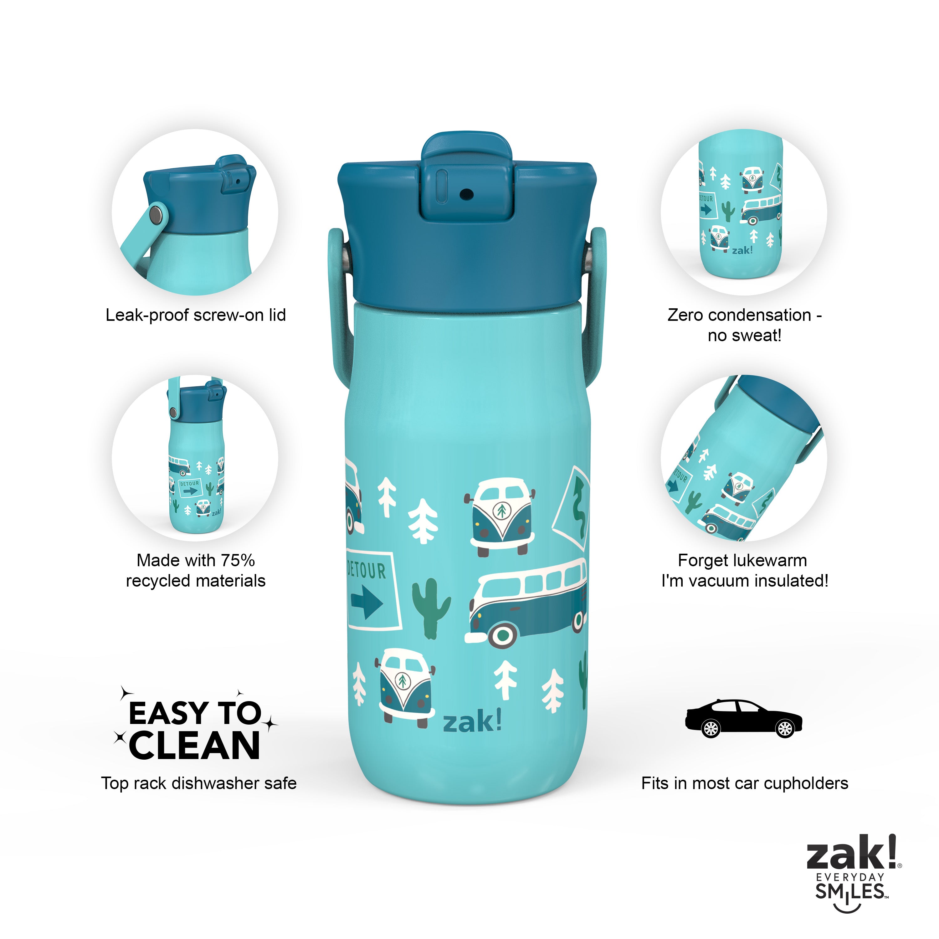 Zak Designs Harmony Water Bottle for Travel or at Home, 32oz Recycled Stainless Steel Is Leak-Proof When Closed and Vacuum Insulated with Straw Lid